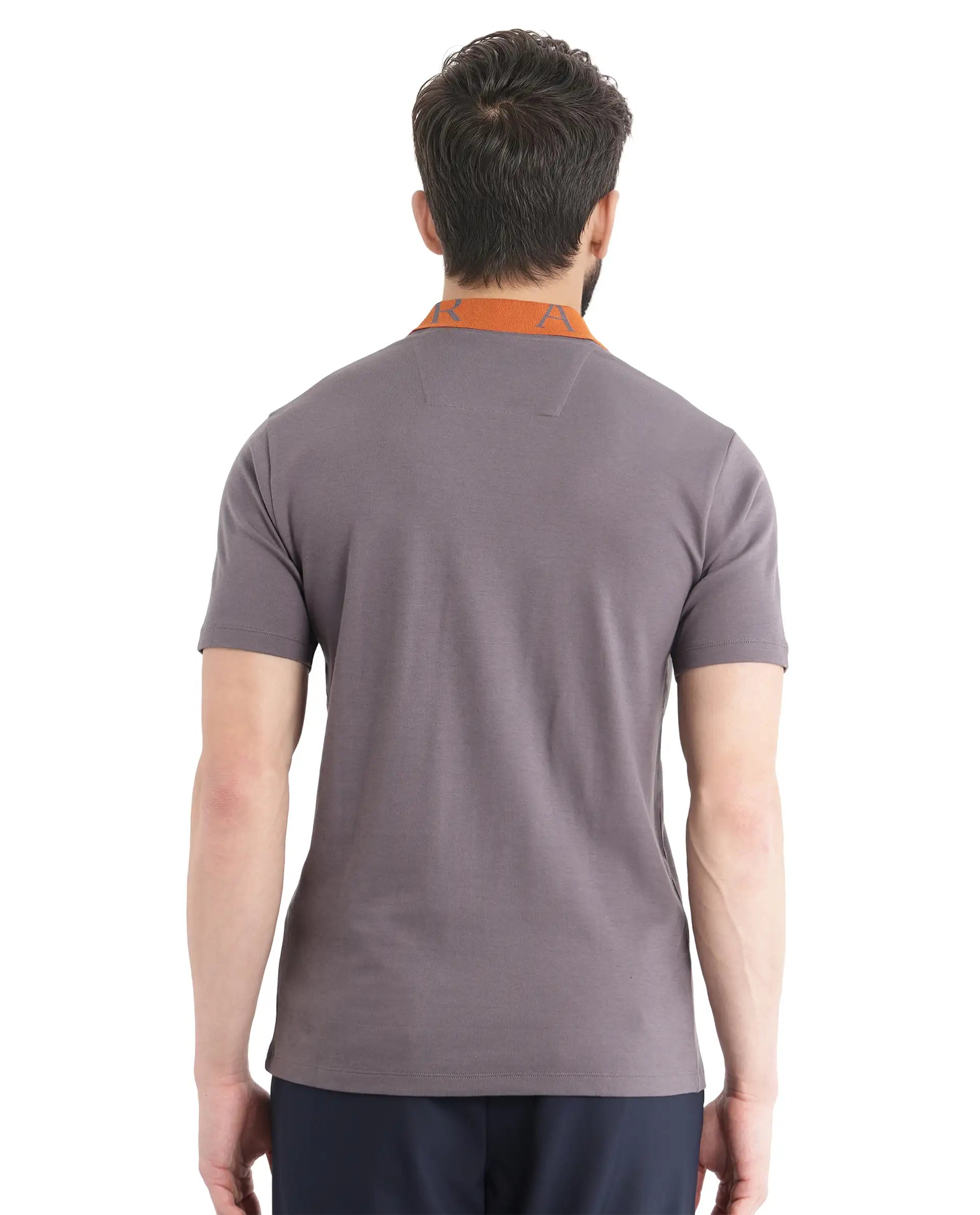 Rare Rabbit Men Frow Grey Cotton Fabric Short Sleeve Contrast Collar with Embroidered Details Button Closure Polo