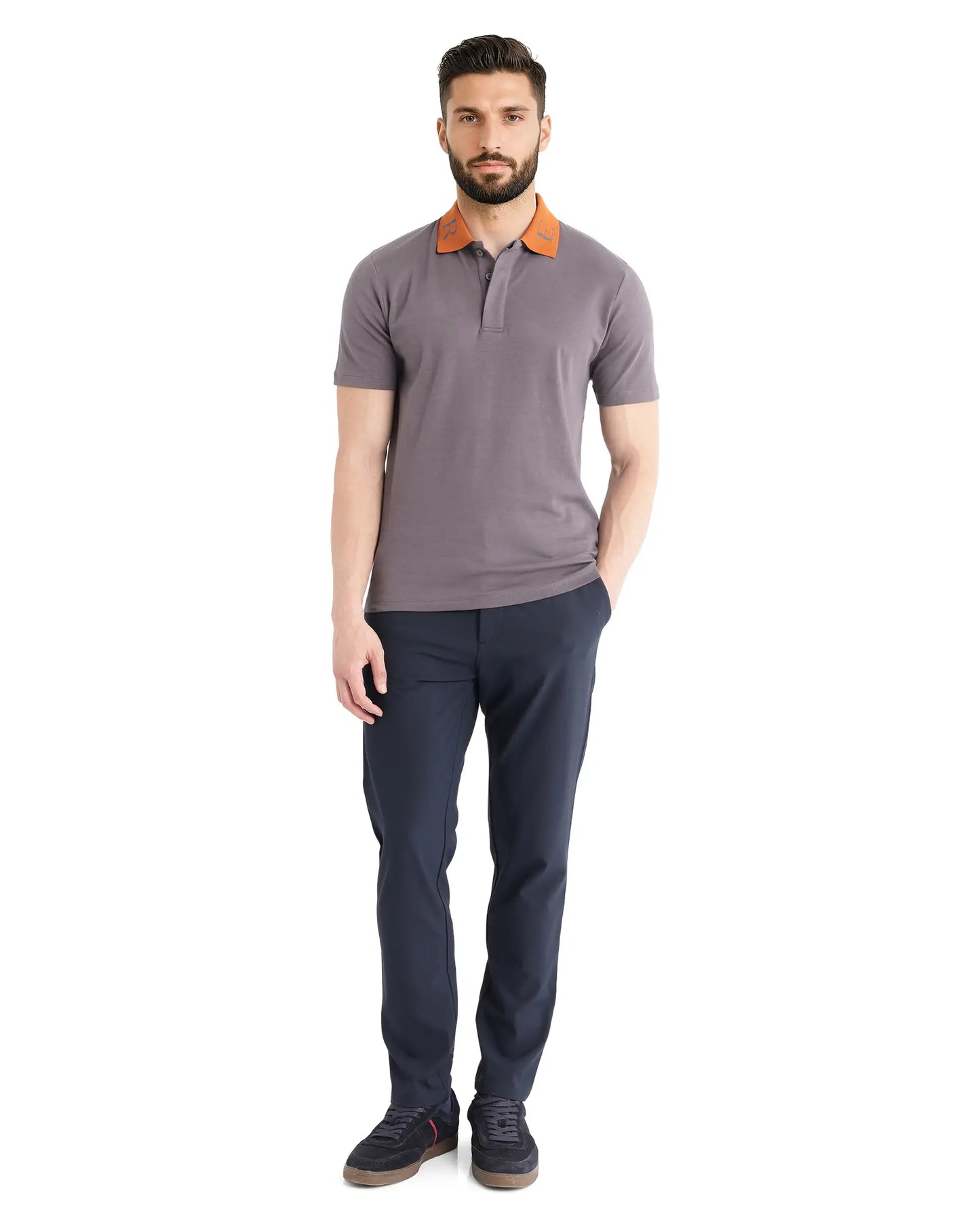 Rare Rabbit Men Frow Grey Cotton Fabric Short Sleeve Contrast Collar with Embroidered Details Button Closure Polo