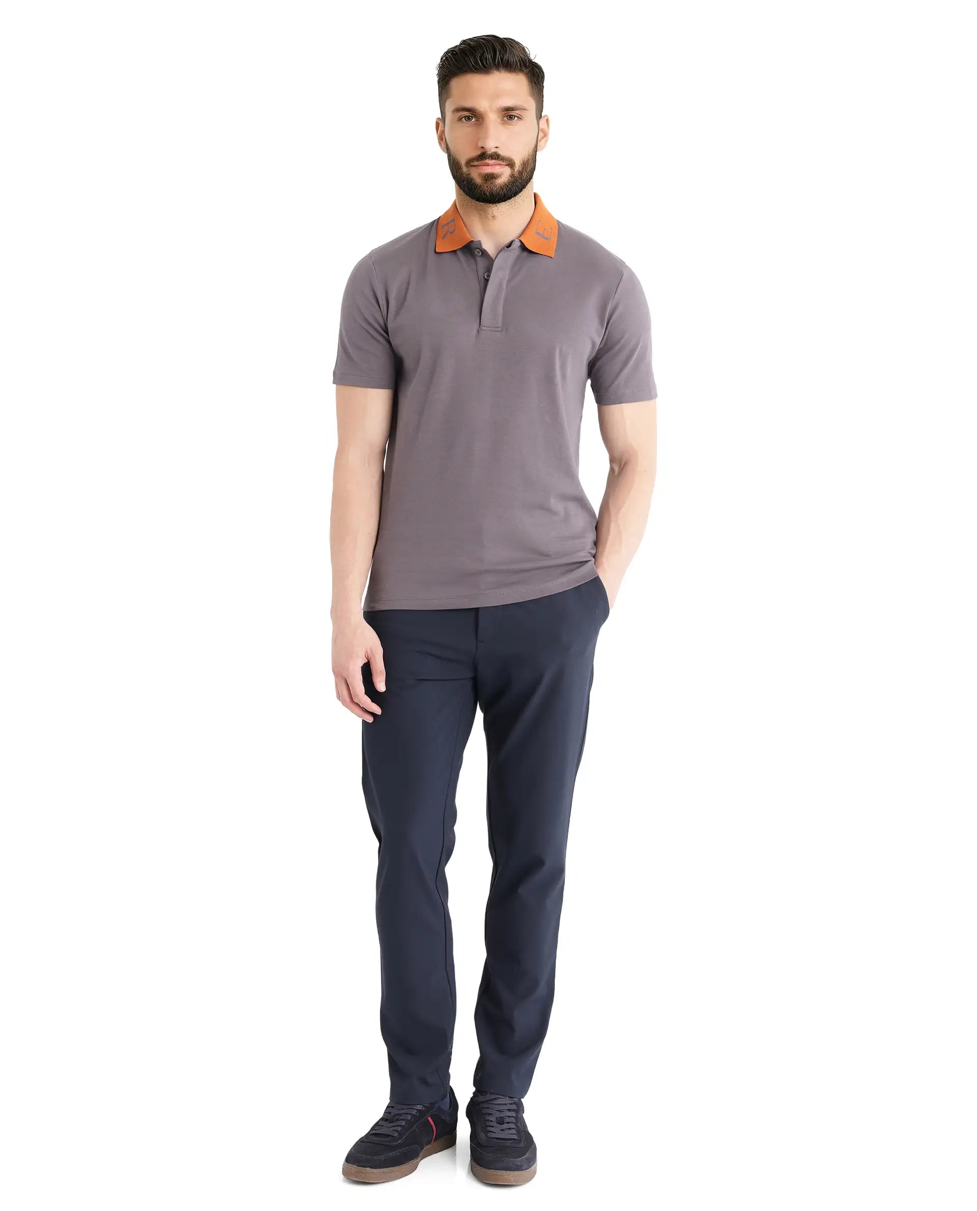 Rare Rabbit Men Frow Grey Cotton Fabric Short Sleeve Contrast Collar with Embroidered Details Button Closure Polo