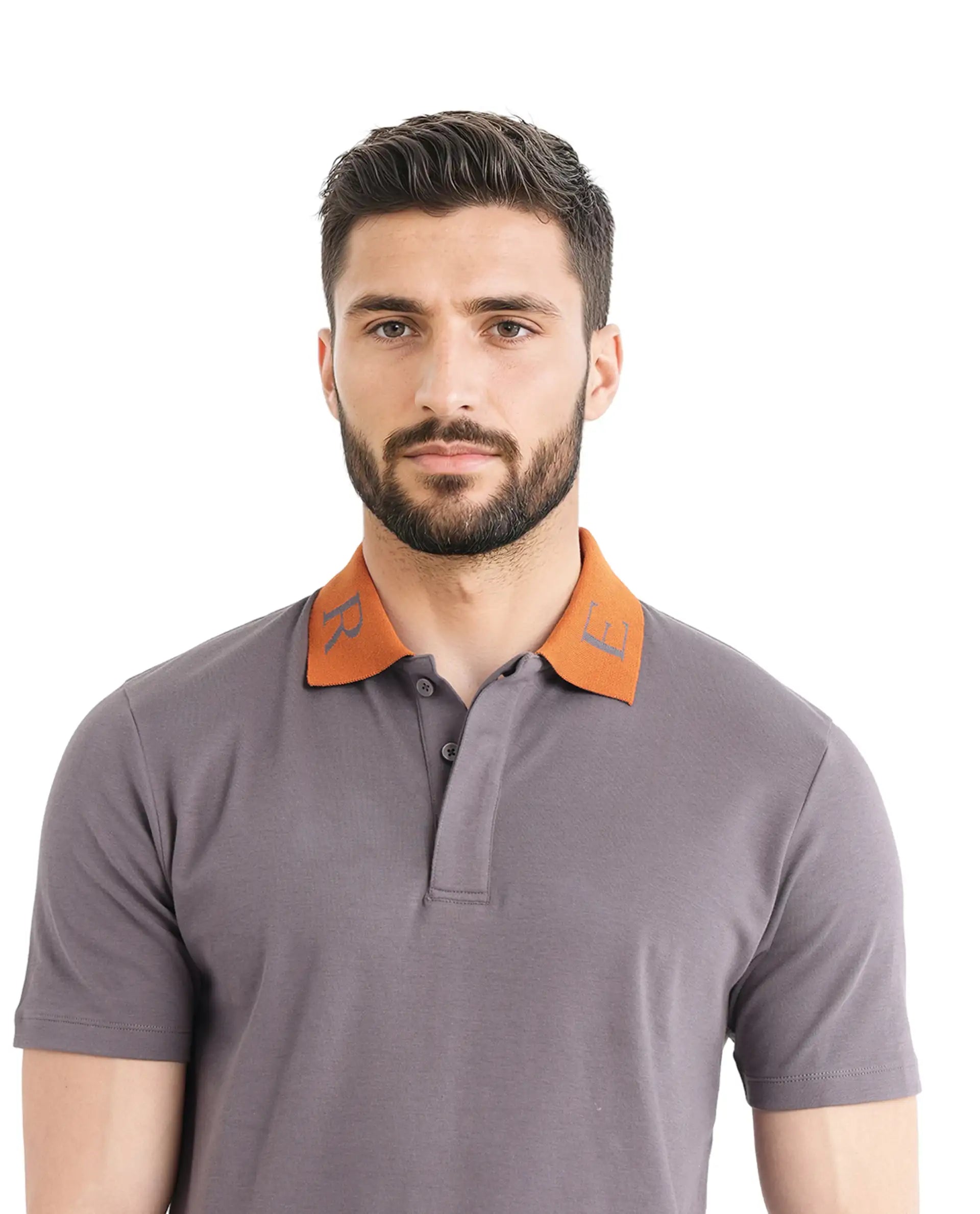 Rare Rabbit Men Frow Grey Cotton Fabric Short Sleeve Contrast Collar with Embroidered Details Button Closure Polo
