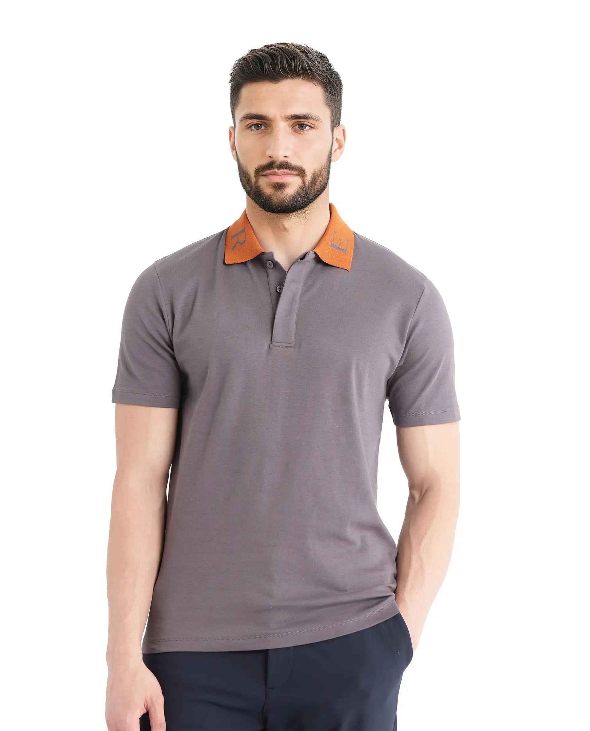 Rare Rabbit Men Frow Grey Cotton Fabric Short Sleeve Contrast Collar with Embroidered Details Button Closure Polo