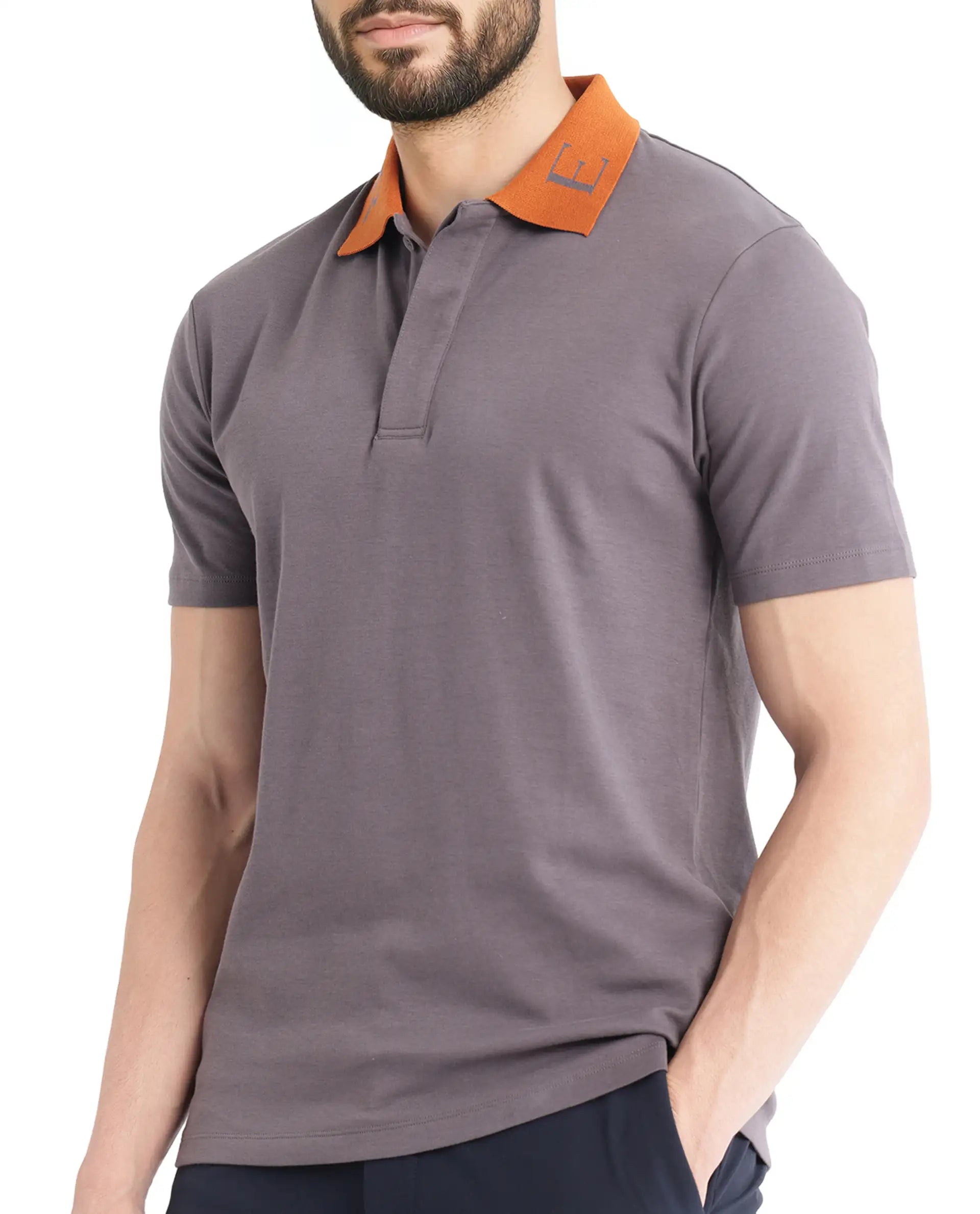 Rare Rabbit Men Frow Grey Cotton Fabric Short Sleeve Contrast Collar with Embroidered Details Button Closure Polo