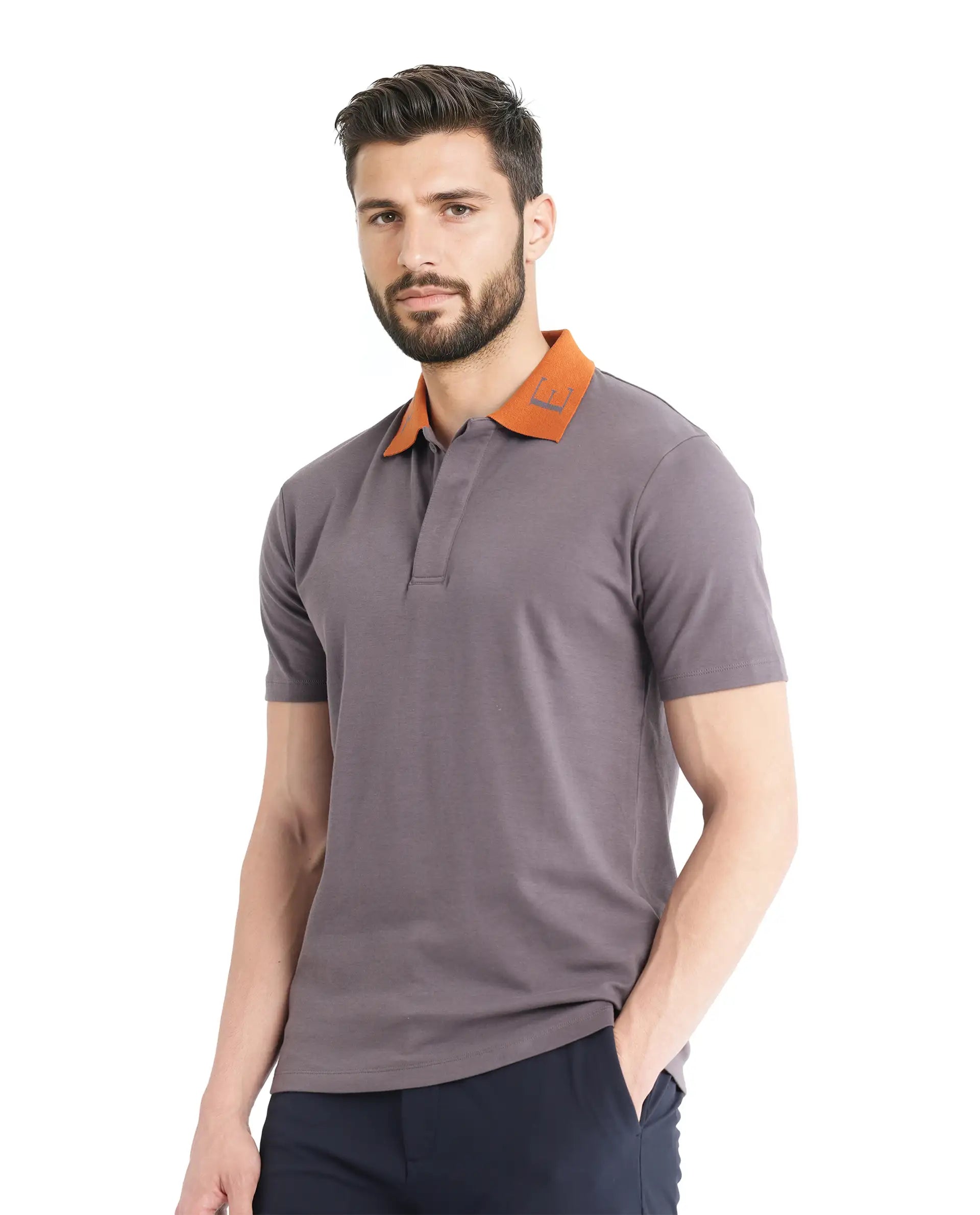 Rare Rabbit Men Frow Grey Cotton Fabric Short Sleeve Contrast Collar with Embroidered Details Button Closure Polo