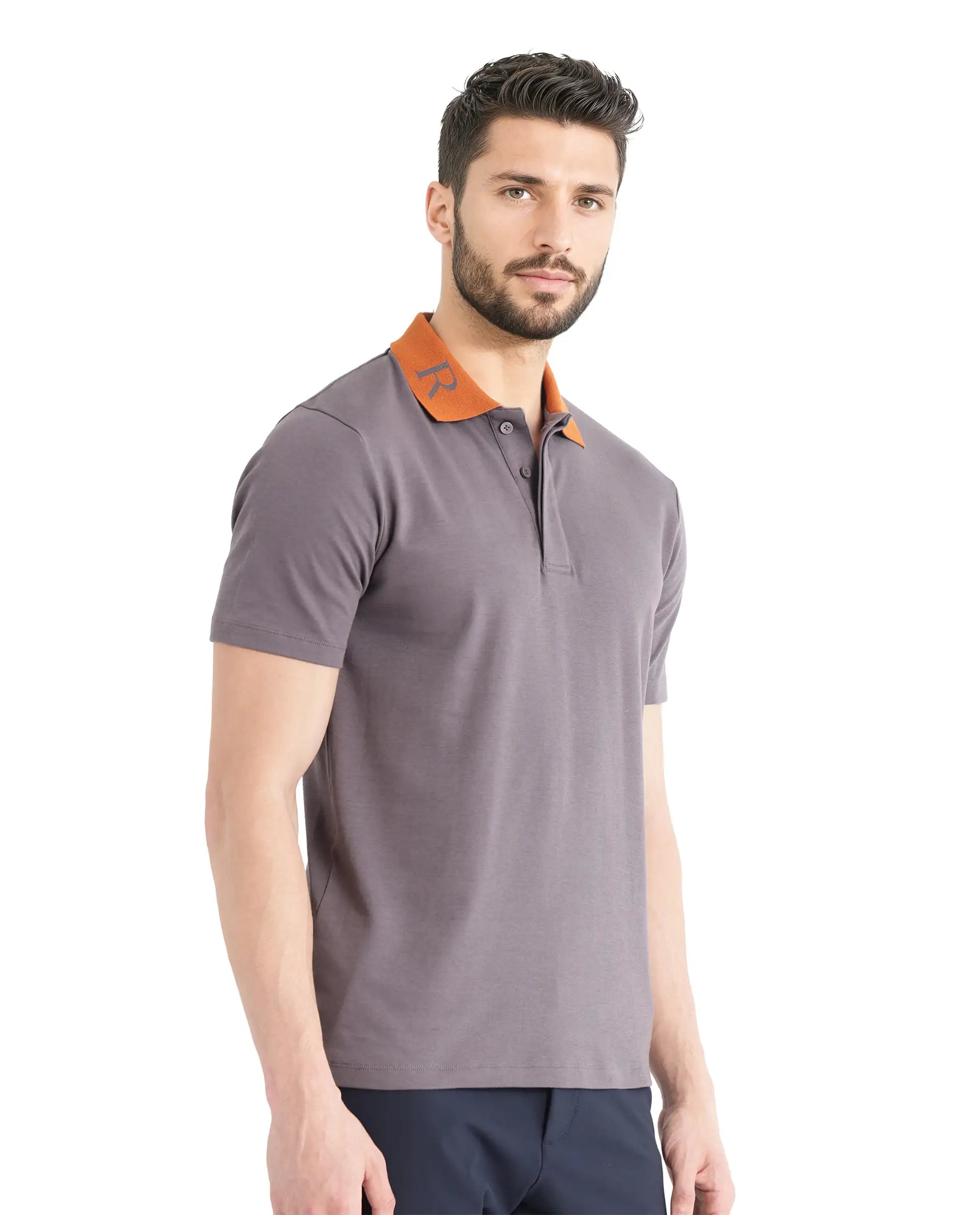 Rare Rabbit Men Frow Grey Cotton Fabric Short Sleeve Contrast Collar with Embroidered Details Button Closure Polo