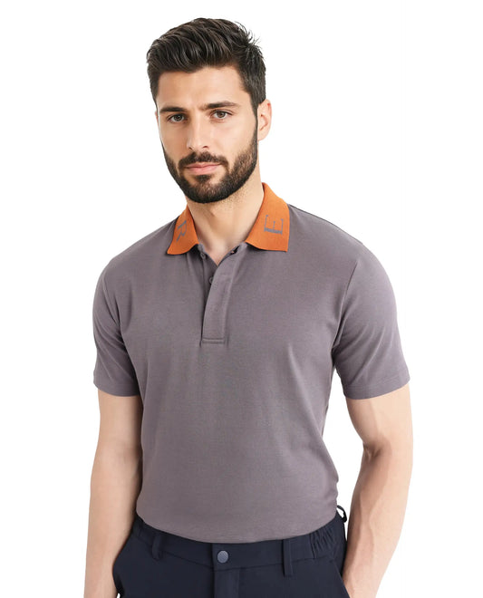 Rare Rabbit Men Frow Grey Cotton Fabric Short Sleeve Contrast Collar with Embroidered Details Button Closure Polo