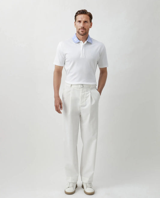 Rare Rabbit Men Frow White Cotton Fabric Short Sleeve Contrast Collar with Embroidered Details Button Closure Polo
