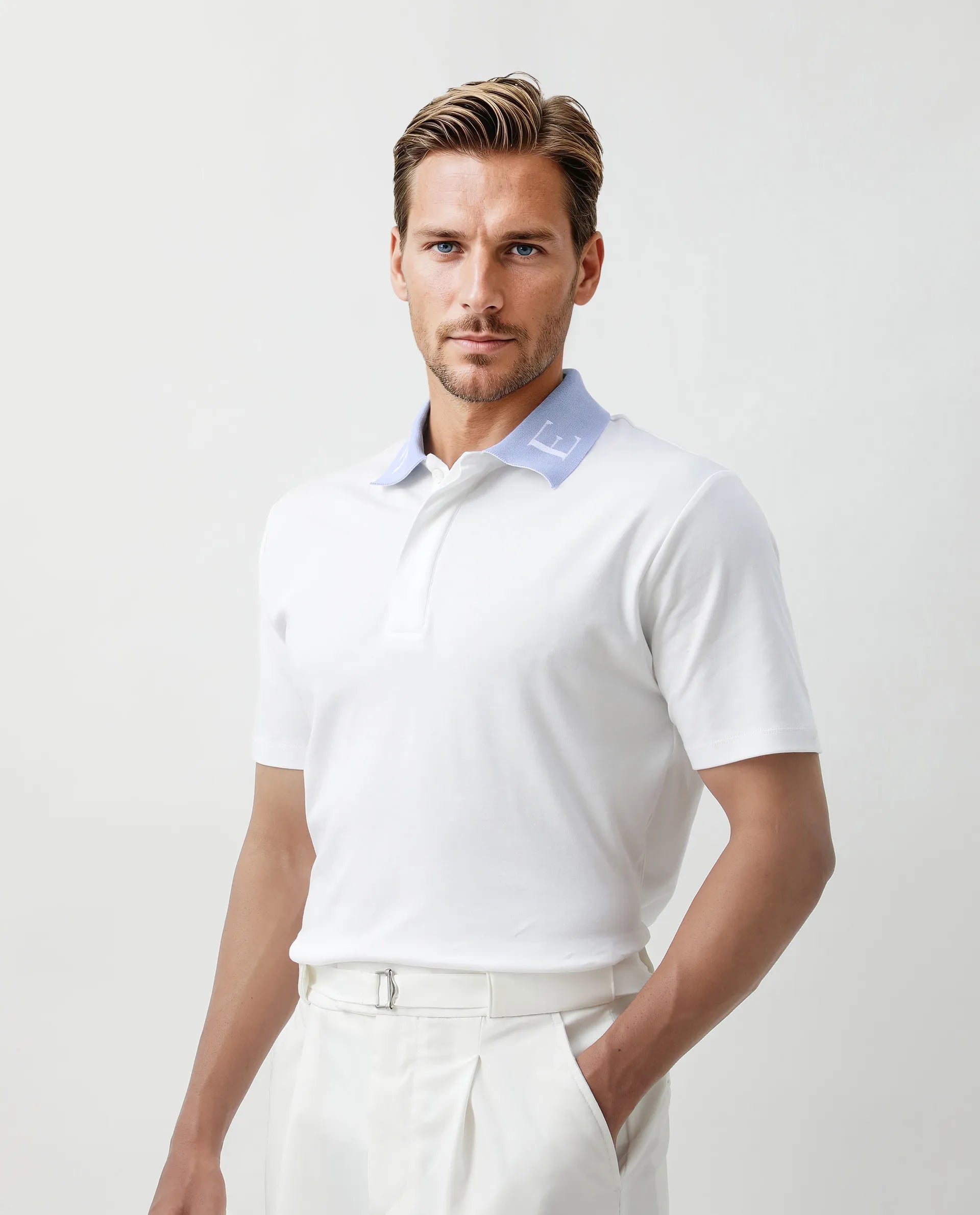 Rare Rabbit Men Frow White Cotton Fabric Short Sleeve Contrast Collar with Embroidered Details Button Closure Polo