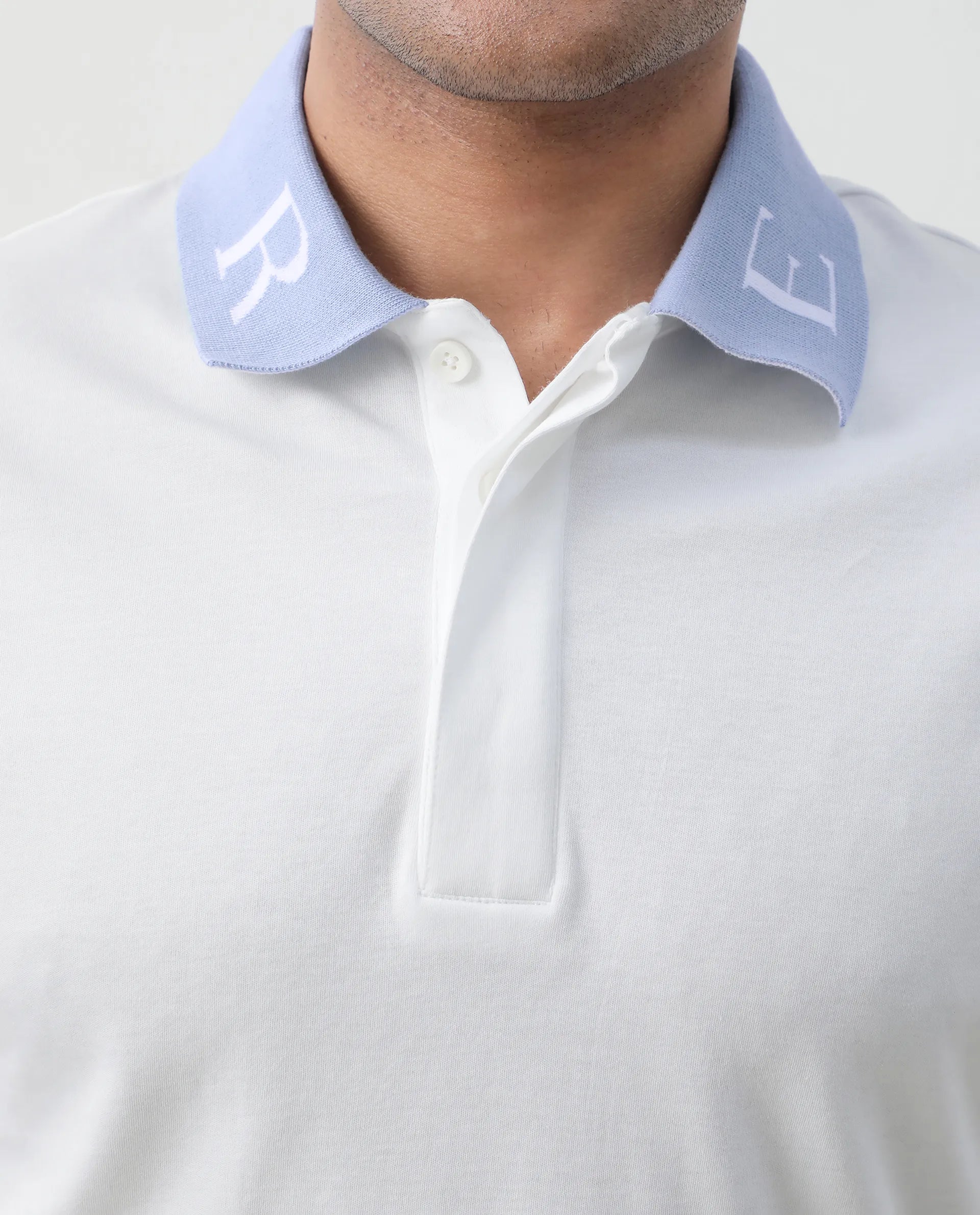 Rare Rabbit Men Frow White Cotton Fabric Short Sleeve Contrast Collar with Embroidered Details Button Closure Polo