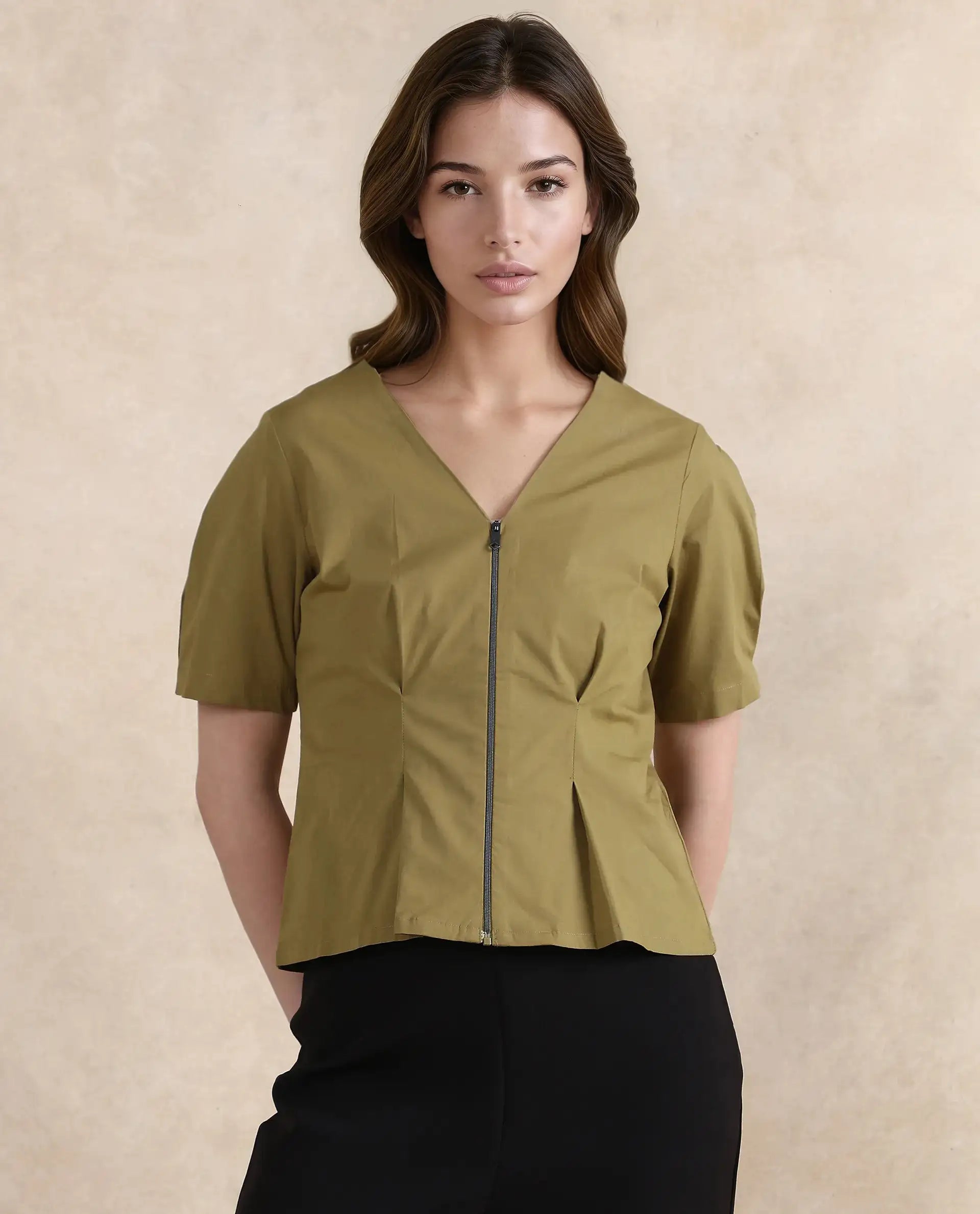 Rareism Women Funit Dusky Olive Cotton Fabric Fashion Sleeve V-Neck Zipper Closure Cropped Plain Top