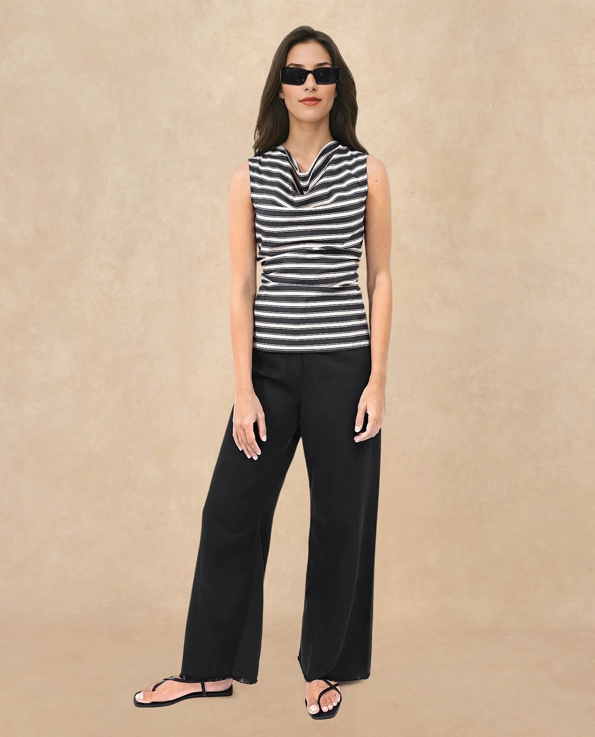 Rareism Women Gaaro Black Sleeveless Cowl Neck Broad Stripes Top