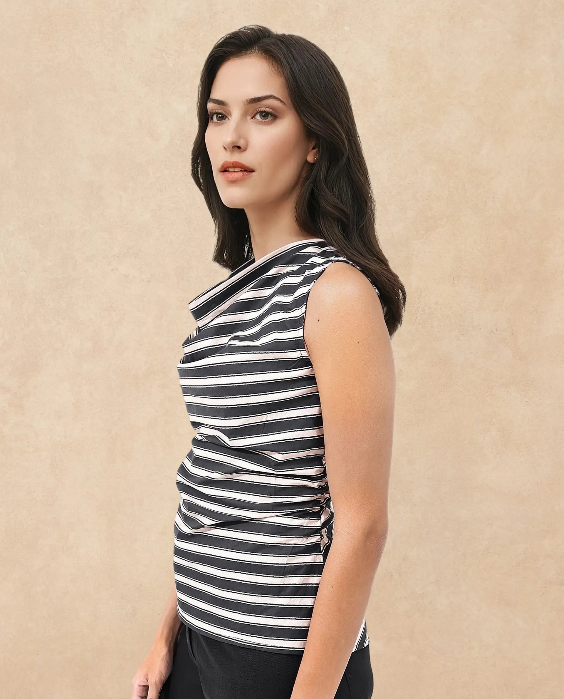 Rareism Women Gaaro Black Sleeveless Cowl Neck Broad Stripes Top