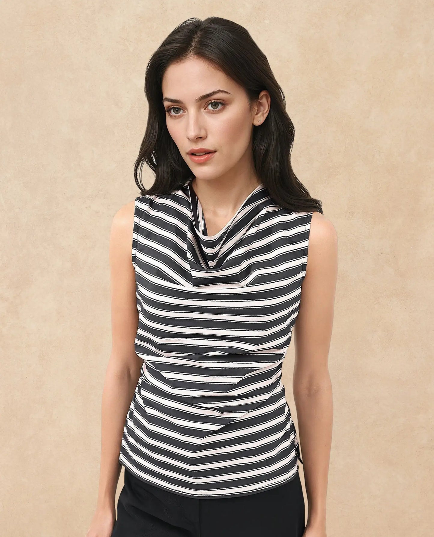 Rareism Women Gaaro Black Sleeveless Cowl Neck Broad Stripes Top