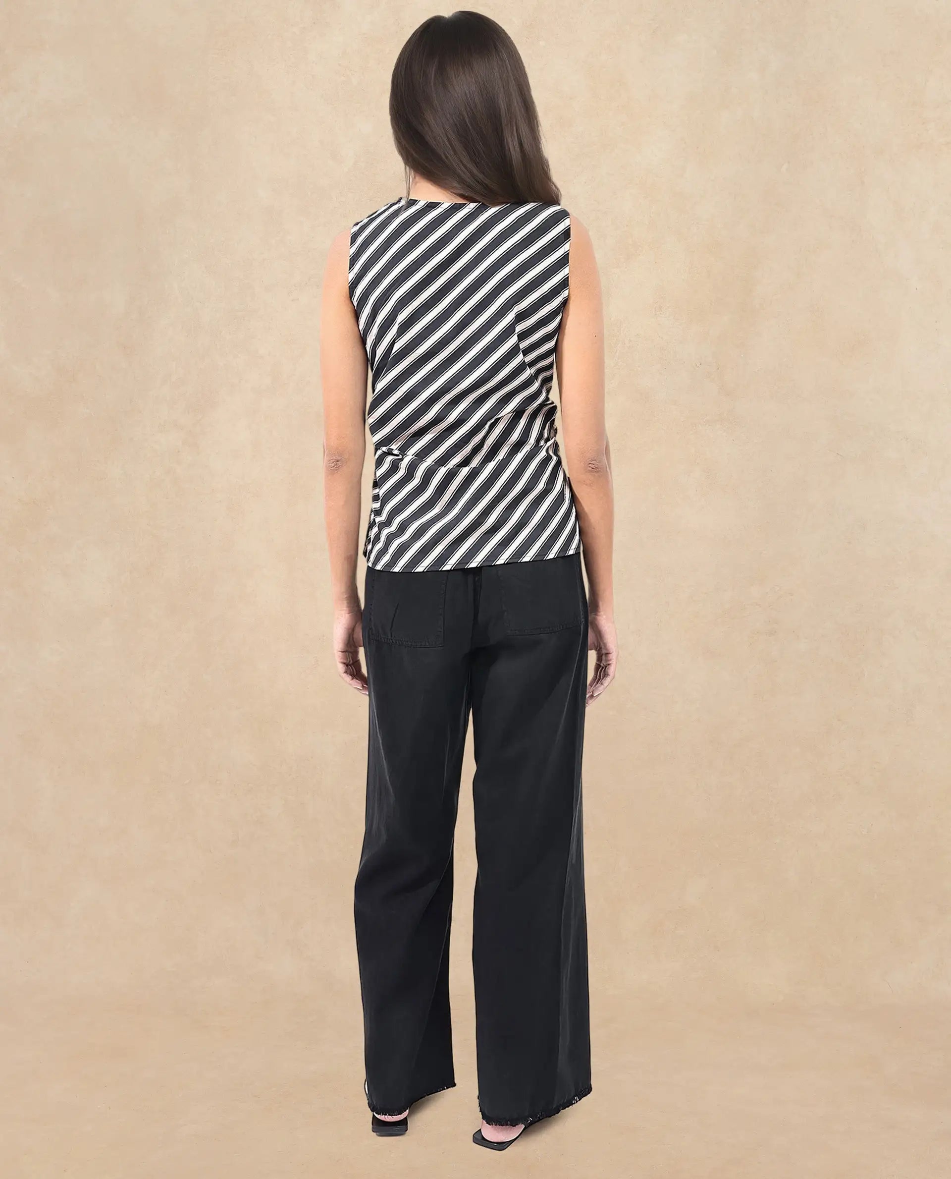 Rareism Women Gaaro Black Sleeveless Cowl Neck Broad Stripes Top