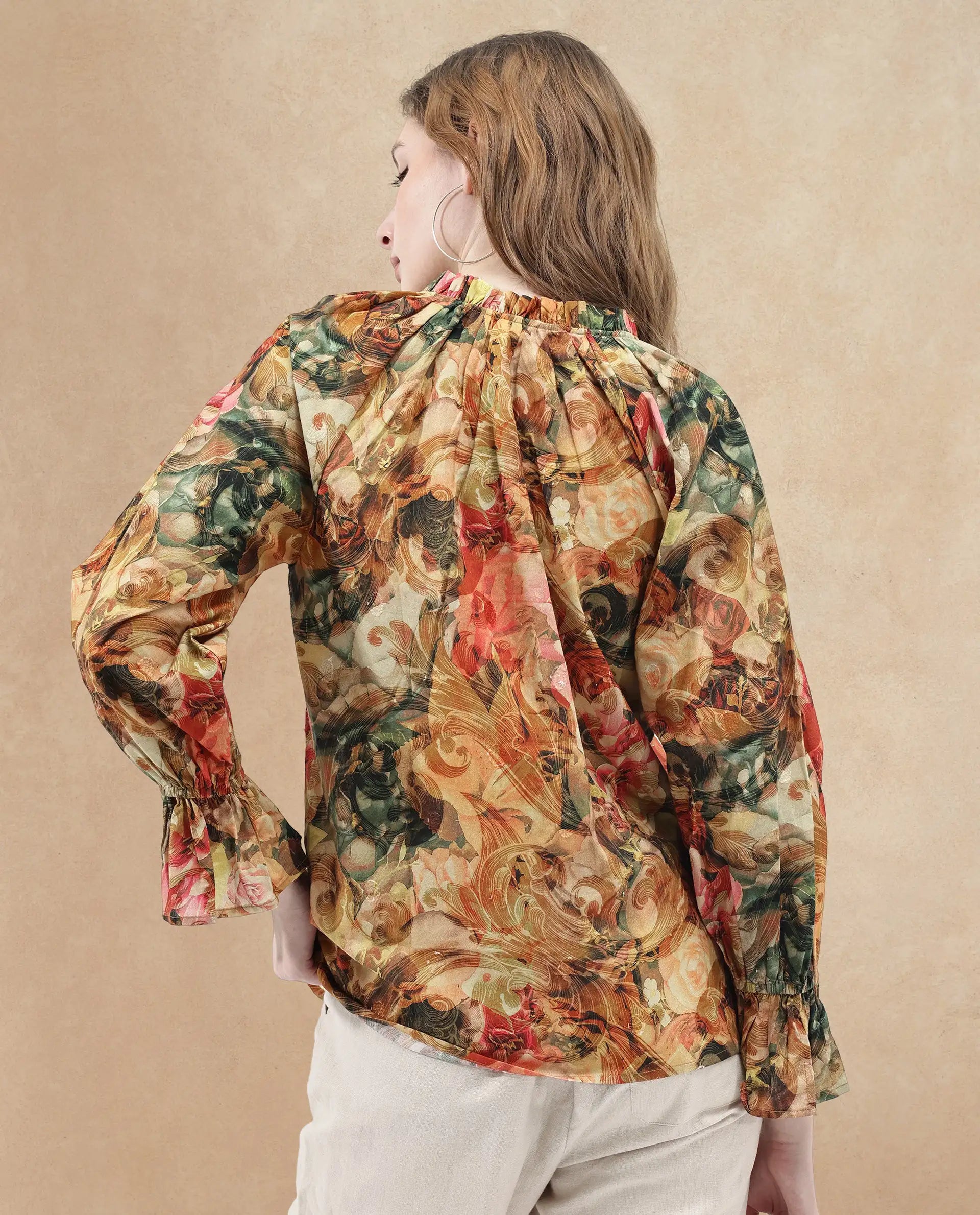 Rareism Women Galski Multi Cotton Fabric Regular Sleeves Collared Neck Abstract Print Regular Length Top