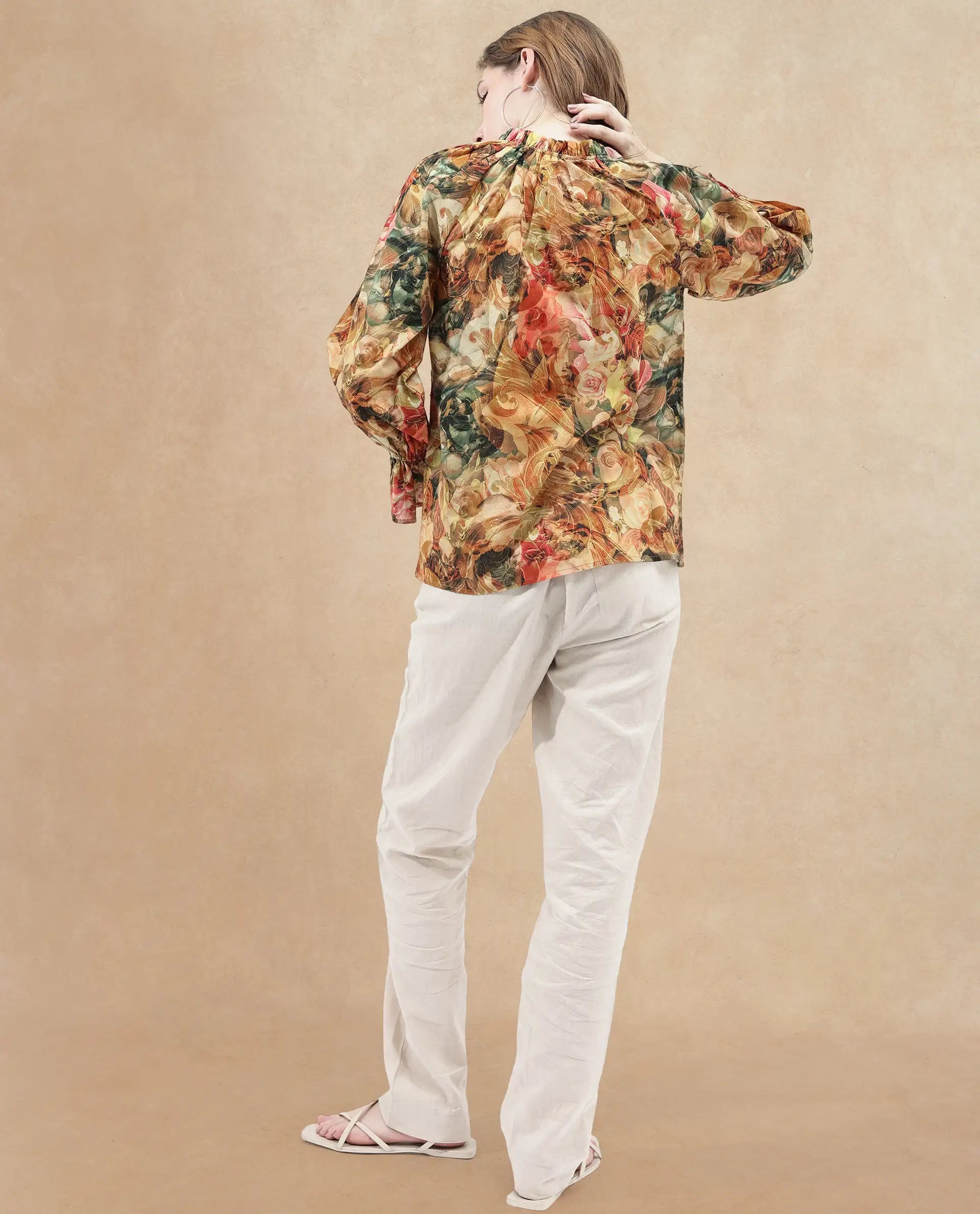 Rareism Women Galski Multi Cotton Fabric Regular Sleeves Collared Neck Abstract Print Regular Length Top