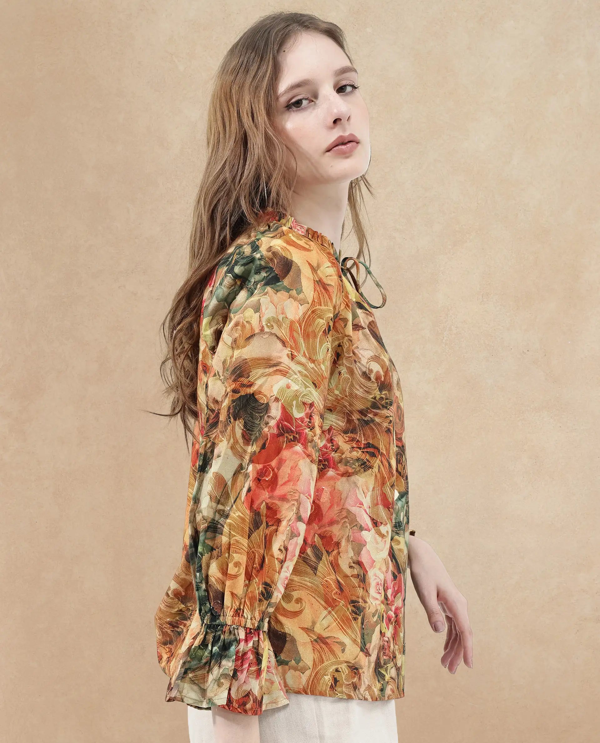 Rareism Women Galski Multi Cotton Fabric Regular Sleeves Collared Neck Abstract Print Regular Length Top