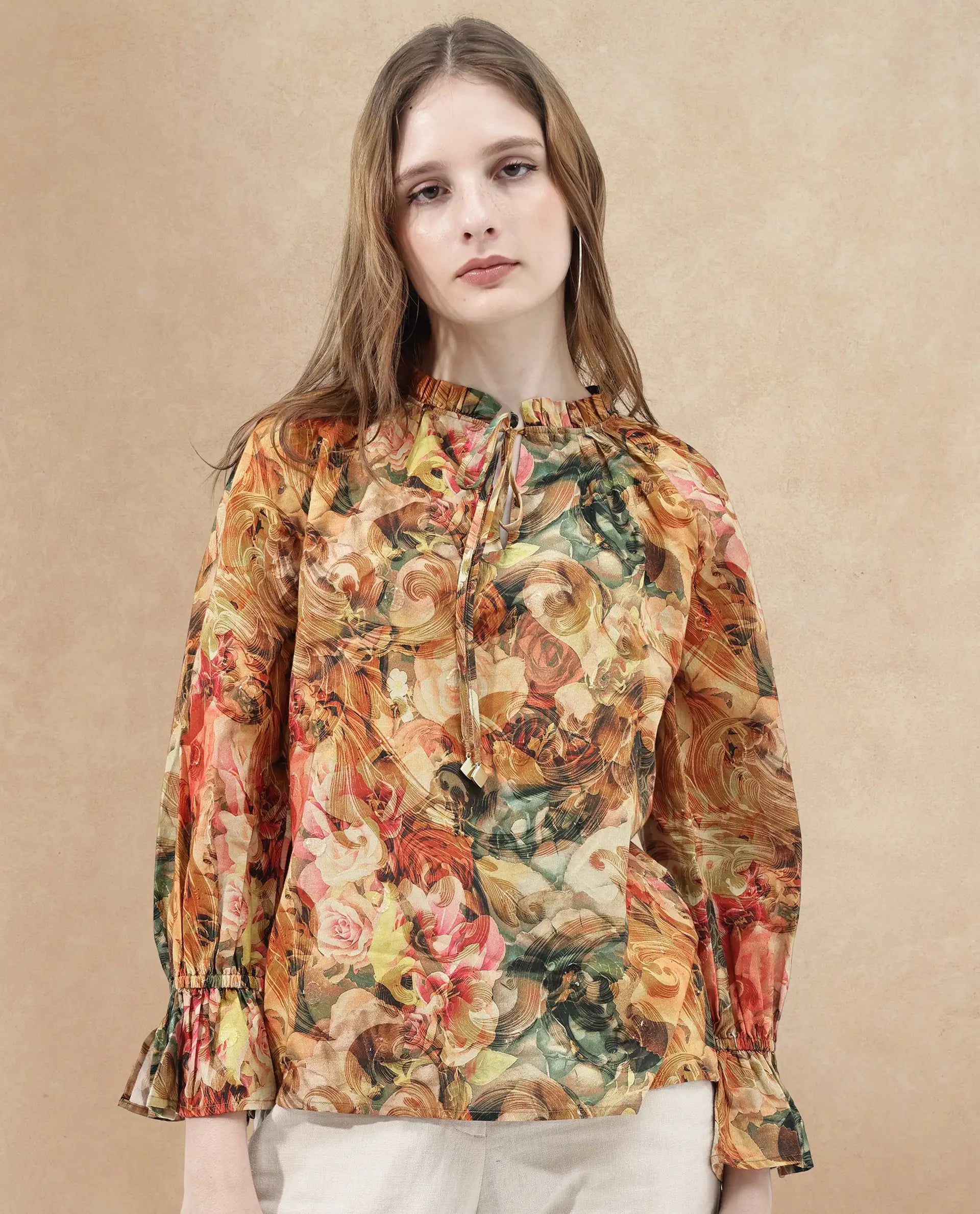 Rareism Women Galski Multi Cotton Fabric Regular Sleeves Collared Neck Abstract Print Regular Length Top