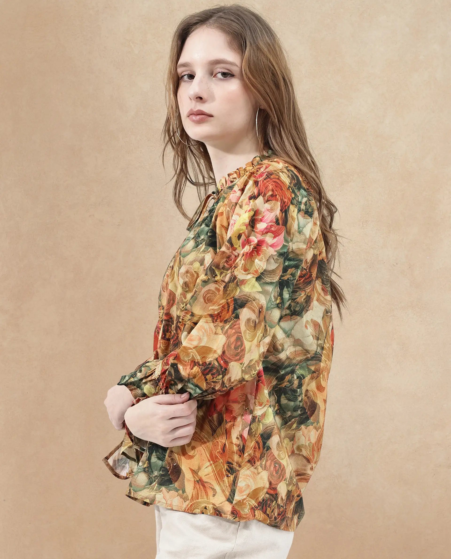 Rareism Women Galski Multi Cotton Fabric Regular Sleeves Collared Neck Abstract Print Regular Length Top