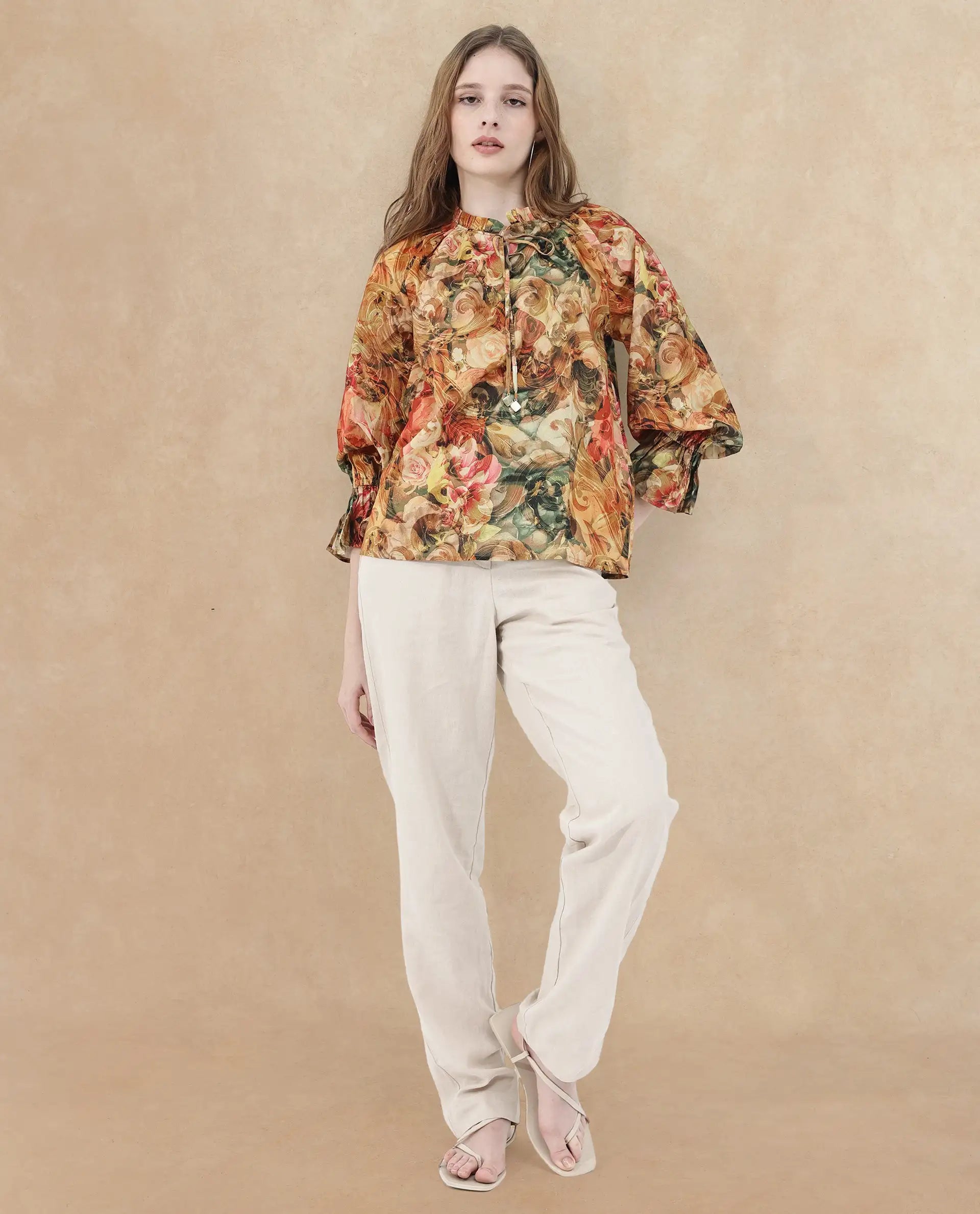 Rareism Women Galski Multi Cotton Fabric Regular Sleeves Collared Neck Abstract Print Regular Length Top