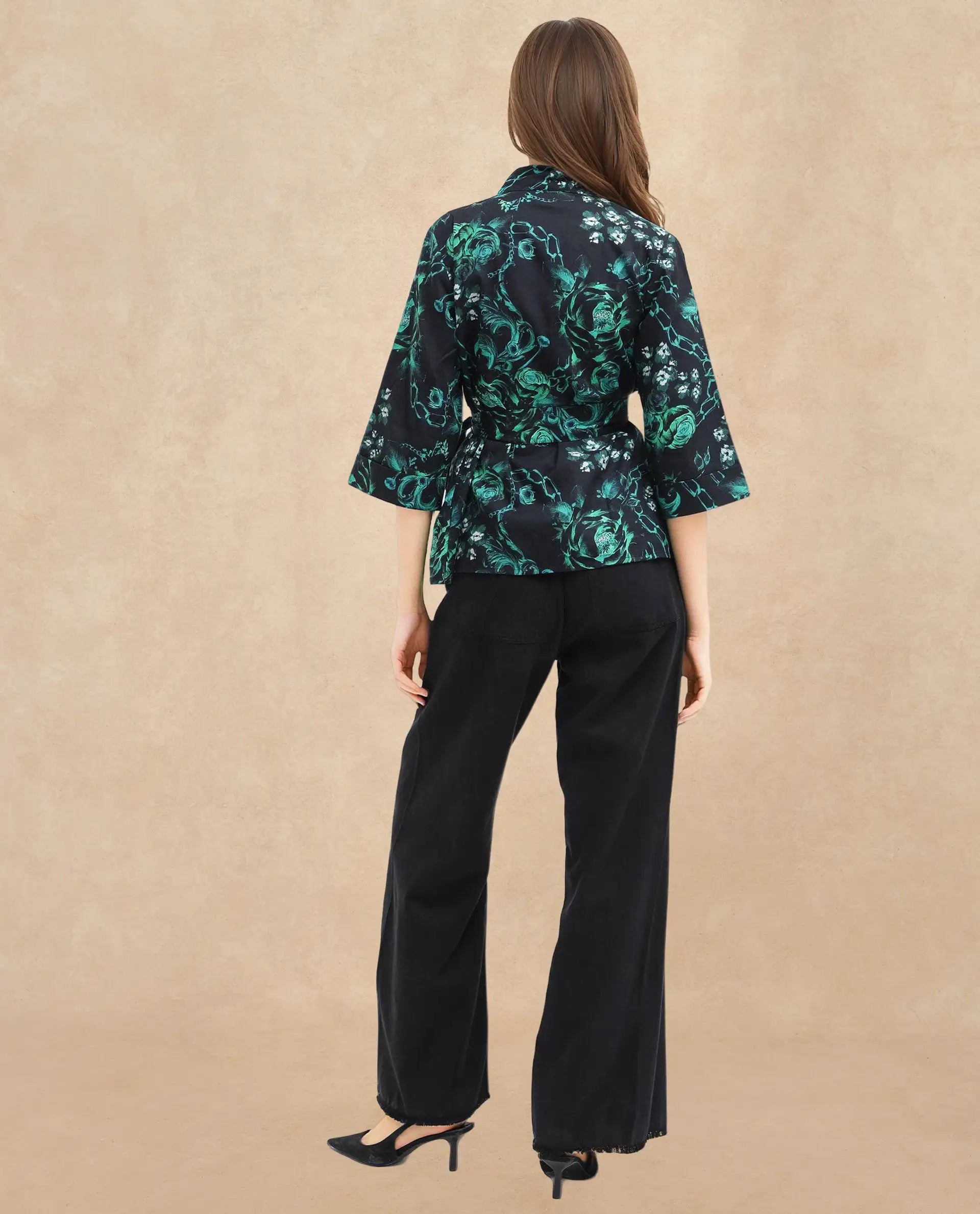 Rareism Women Gamo Black 3/4Th Sleeve Over Lap Neck Floral Print Top