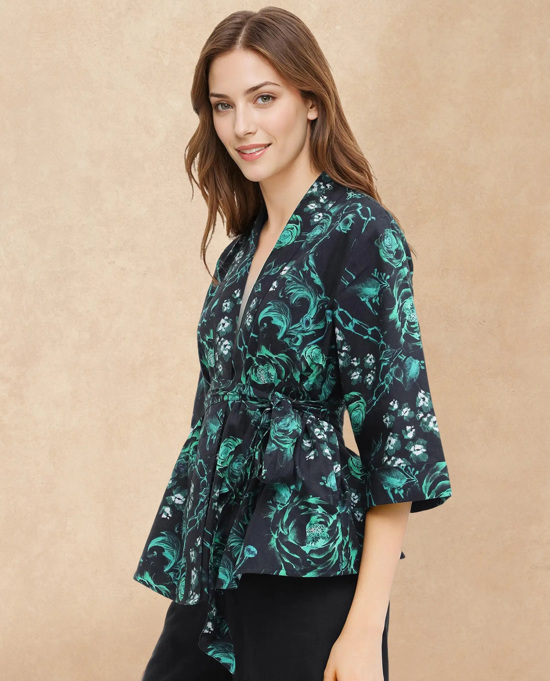 Rareism Women Gamo Black 3/4Th Sleeve Over Lap Neck Floral Print Top