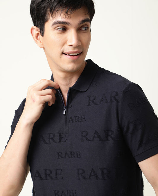Rare Rabbit Men's Gesset-1 Navy Cotton Fabric Collared Neck Half Sleeves Statement Polo