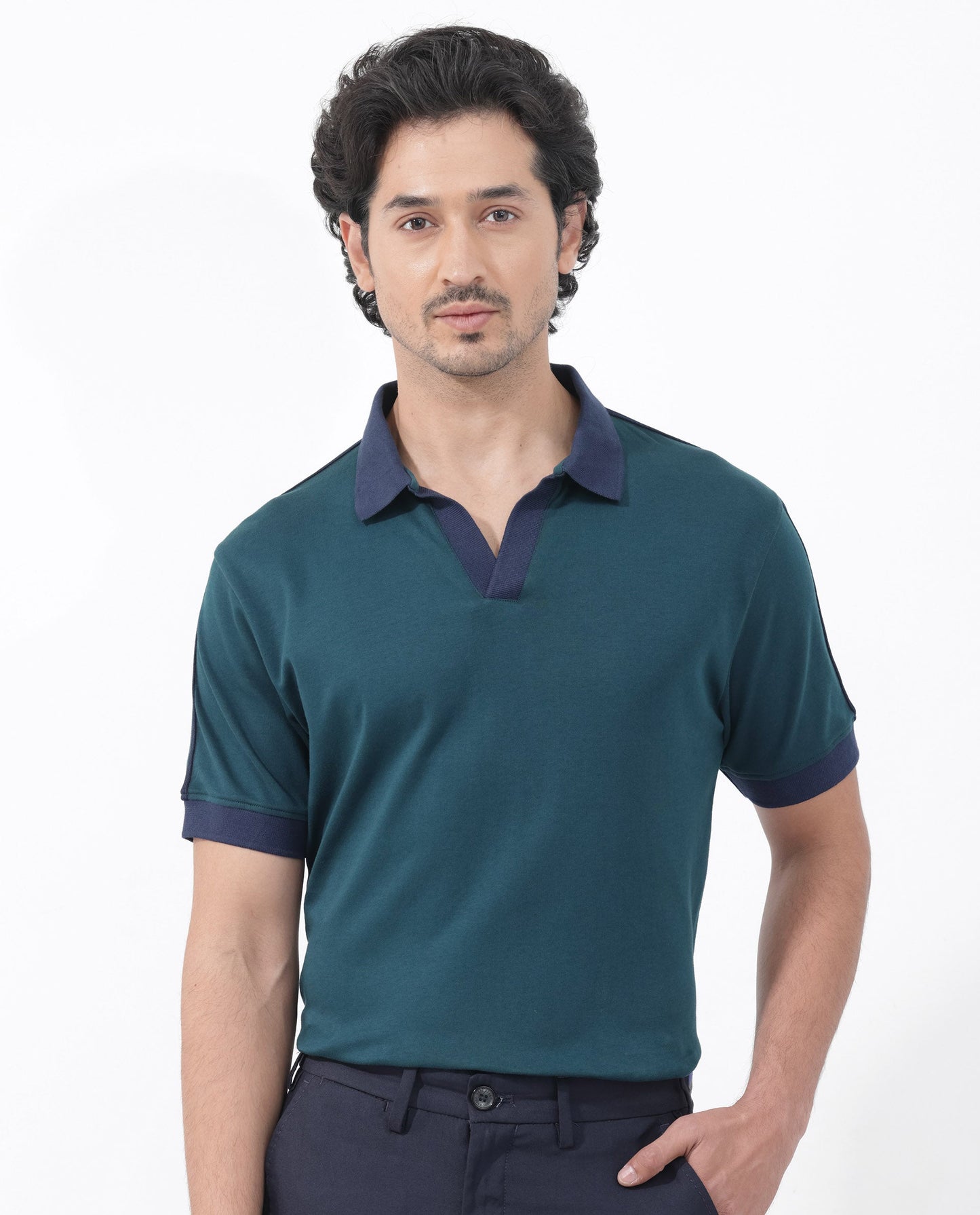Rare Rabbit Mens Geller Petrol Short Sleeve Contrast Collar with Tape Detail Solid Polo
