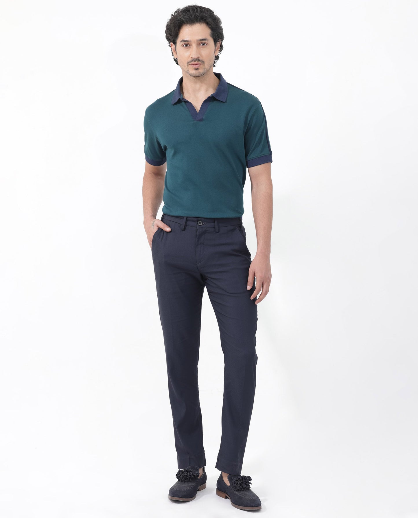 Rare Rabbit Mens Geller Petrol Short Sleeve Contrast Collar with Tape Detail Solid Polo
