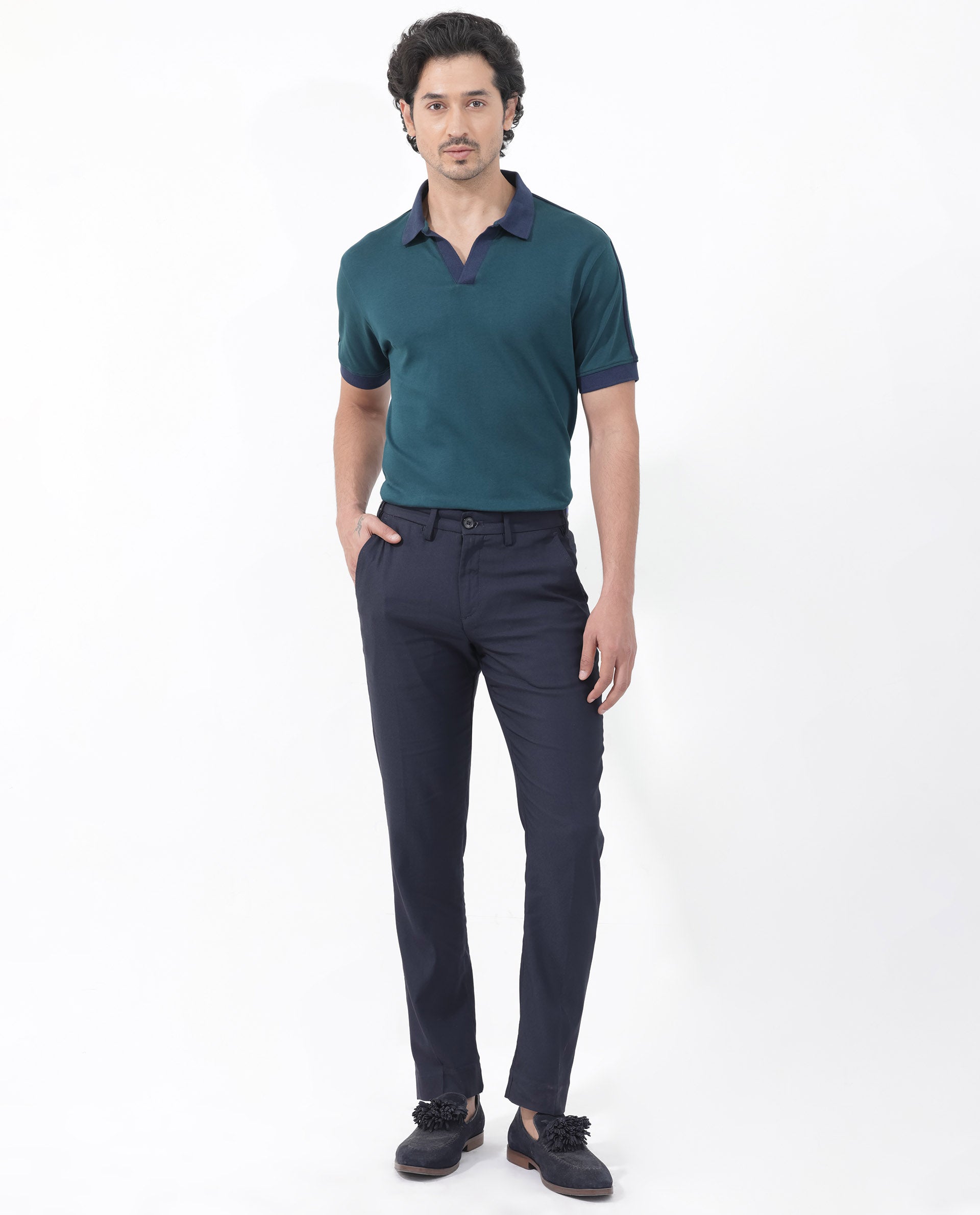 Rare Rabbit Mens Geller Petrol Short Sleeve Contrast Collar with Tape Detail Solid Polo