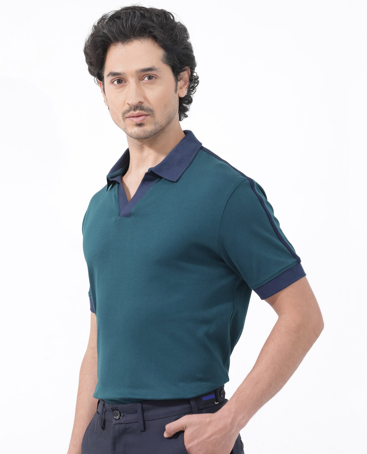 Rare Rabbit Mens Geller Petrol Short Sleeve Contrast Collar with Tape Detail Solid Polo