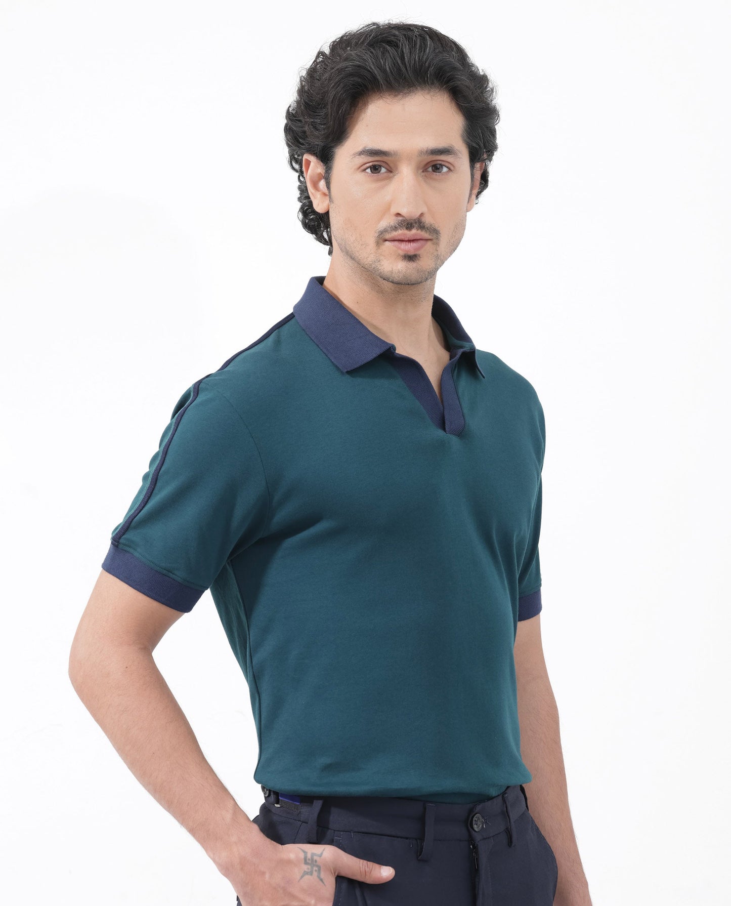 Rare Rabbit Mens Geller Petrol Short Sleeve Contrast Collar with Tape Detail Solid Polo