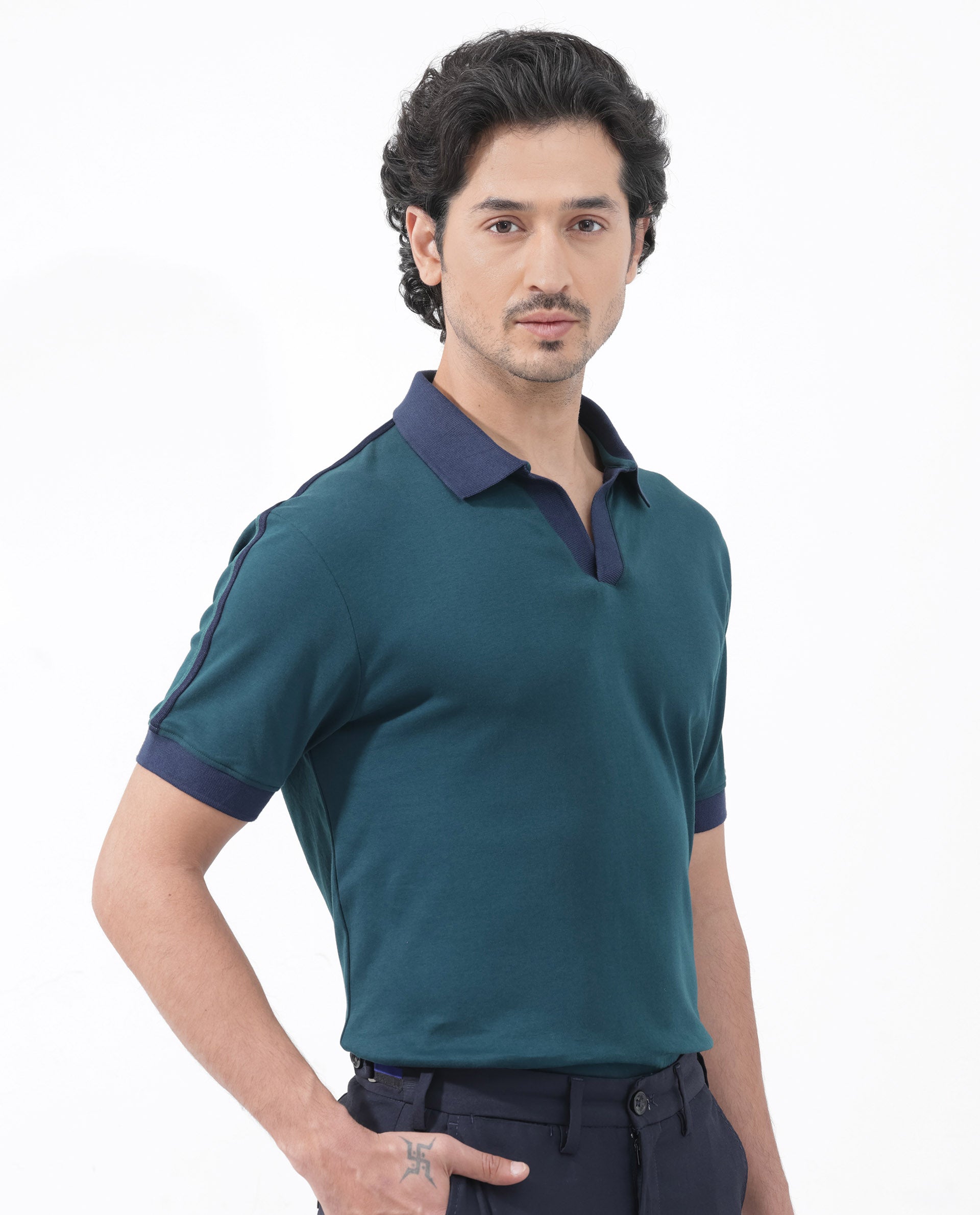 Rare Rabbit Mens Geller Petrol Short Sleeve Contrast Collar with Tape Detail Solid Polo