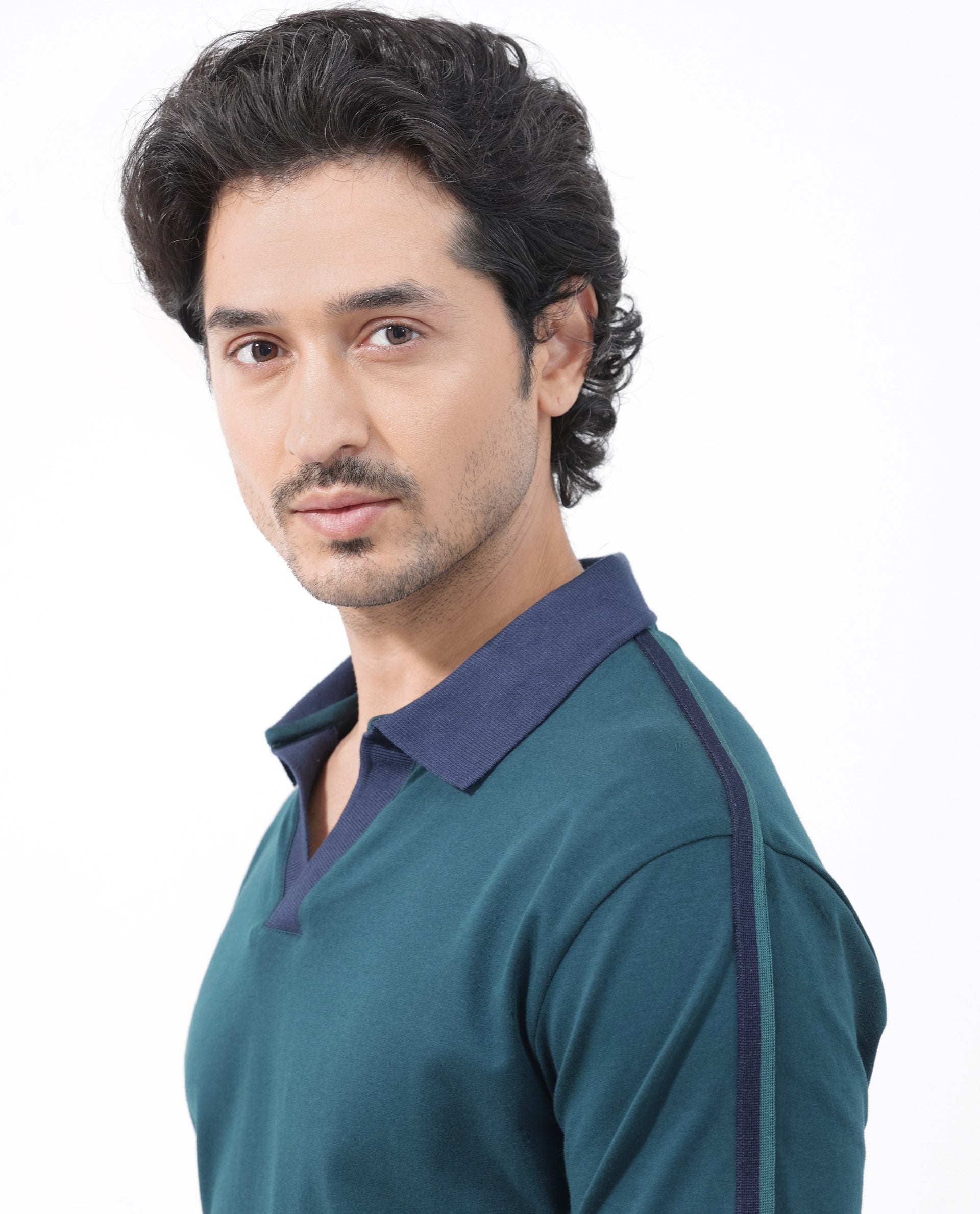 Rare Rabbit Mens Geller Petrol Short Sleeve Contrast Collar with Tape Detail Solid Polo
