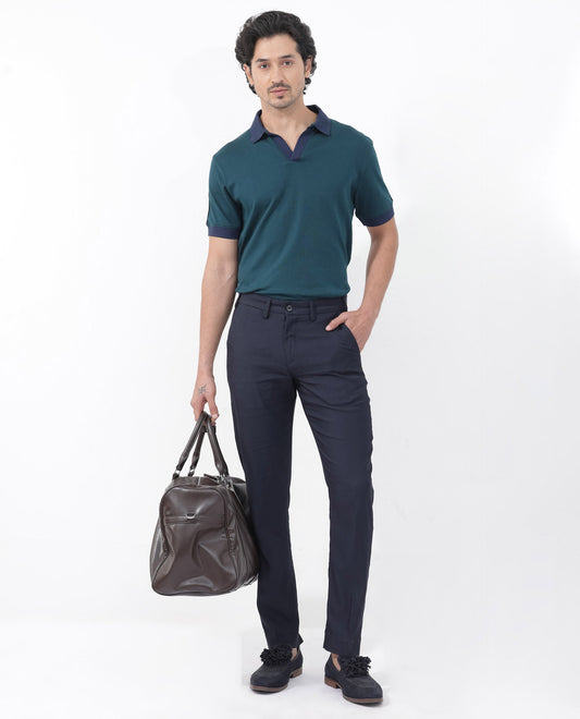 Rare Rabbit Mens Geller Petrol Short Sleeve Contrast Collar with Tape Detail Solid Polo