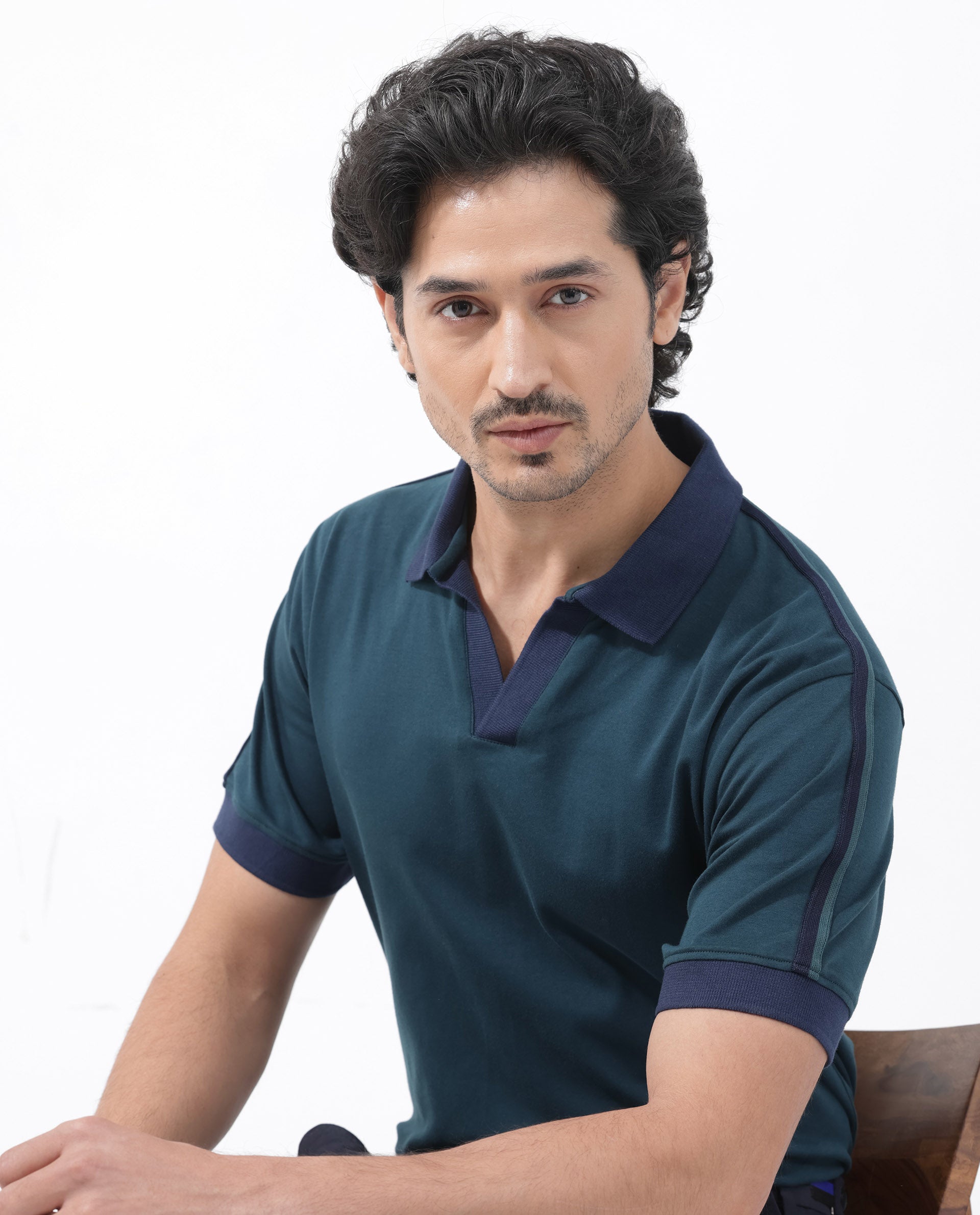 Rare Rabbit Mens Geller Petrol Short Sleeve Contrast Collar with Tape Detail Solid Polo