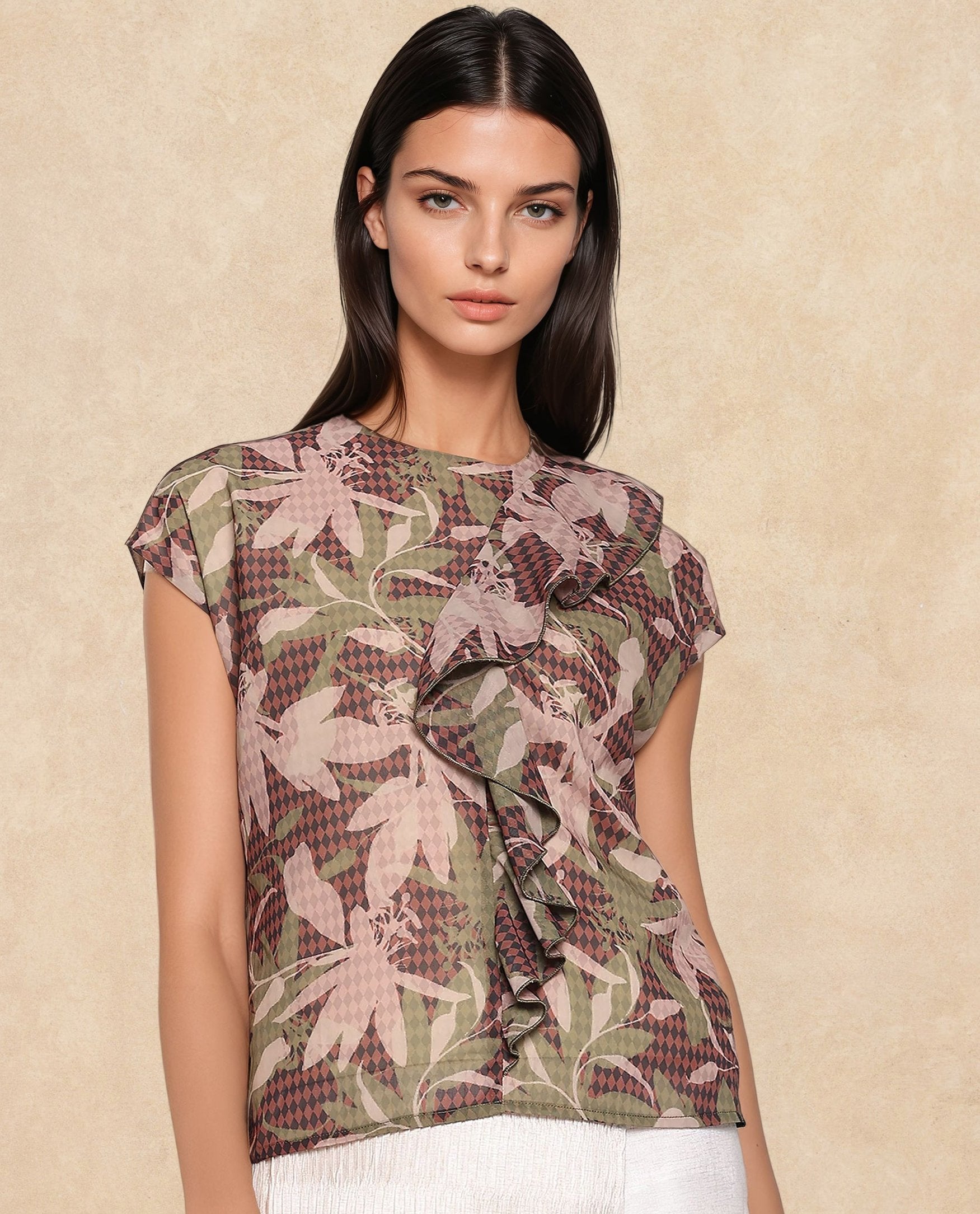 Rareism Women Ginga Multi Polyester Fabric Extended Sleeves Crew Neck Button Closure Leaf Print Top