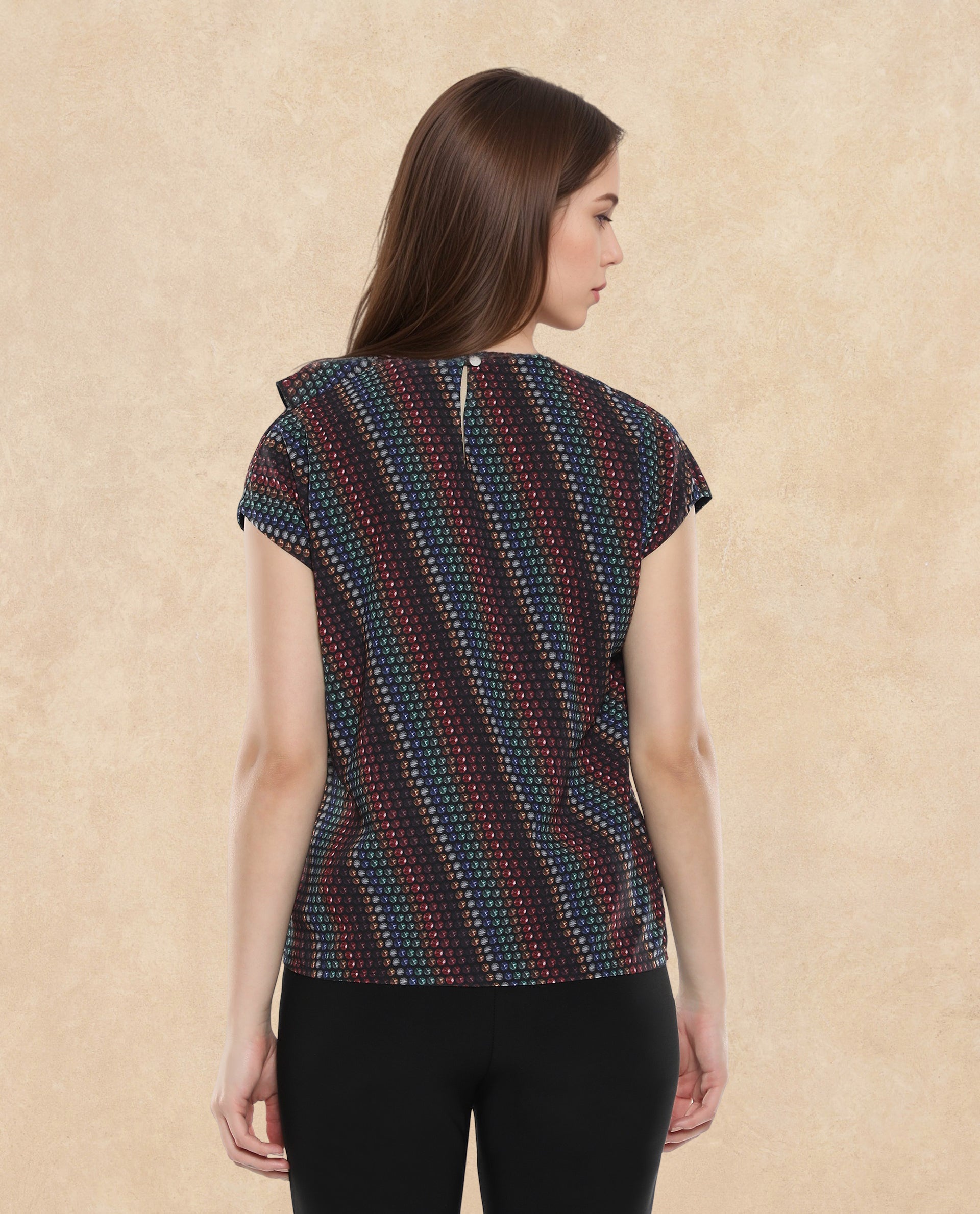 Rareism Women Gingan Dark Multi Extended Sleeves Round Neck Button Closure Geometric Print Top