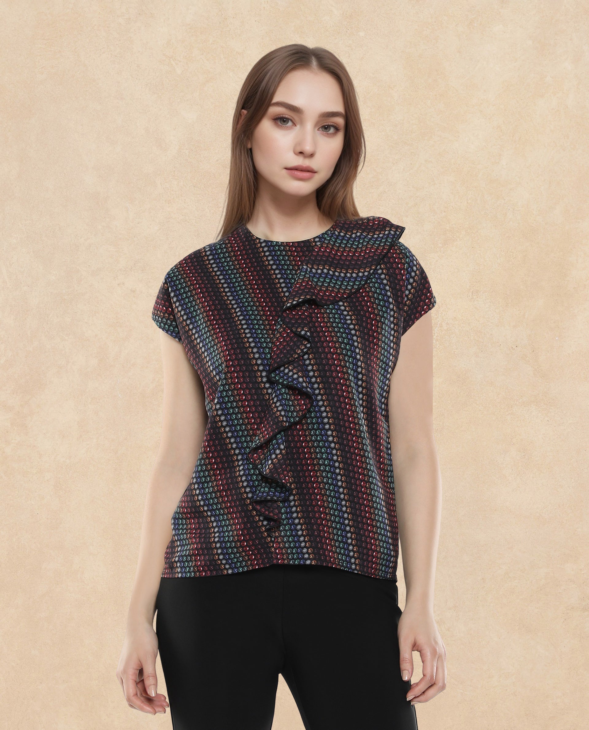 Rareism Women Gingan Dark Multi Extended Sleeves Round Neck Button Closure Geometric Print Top