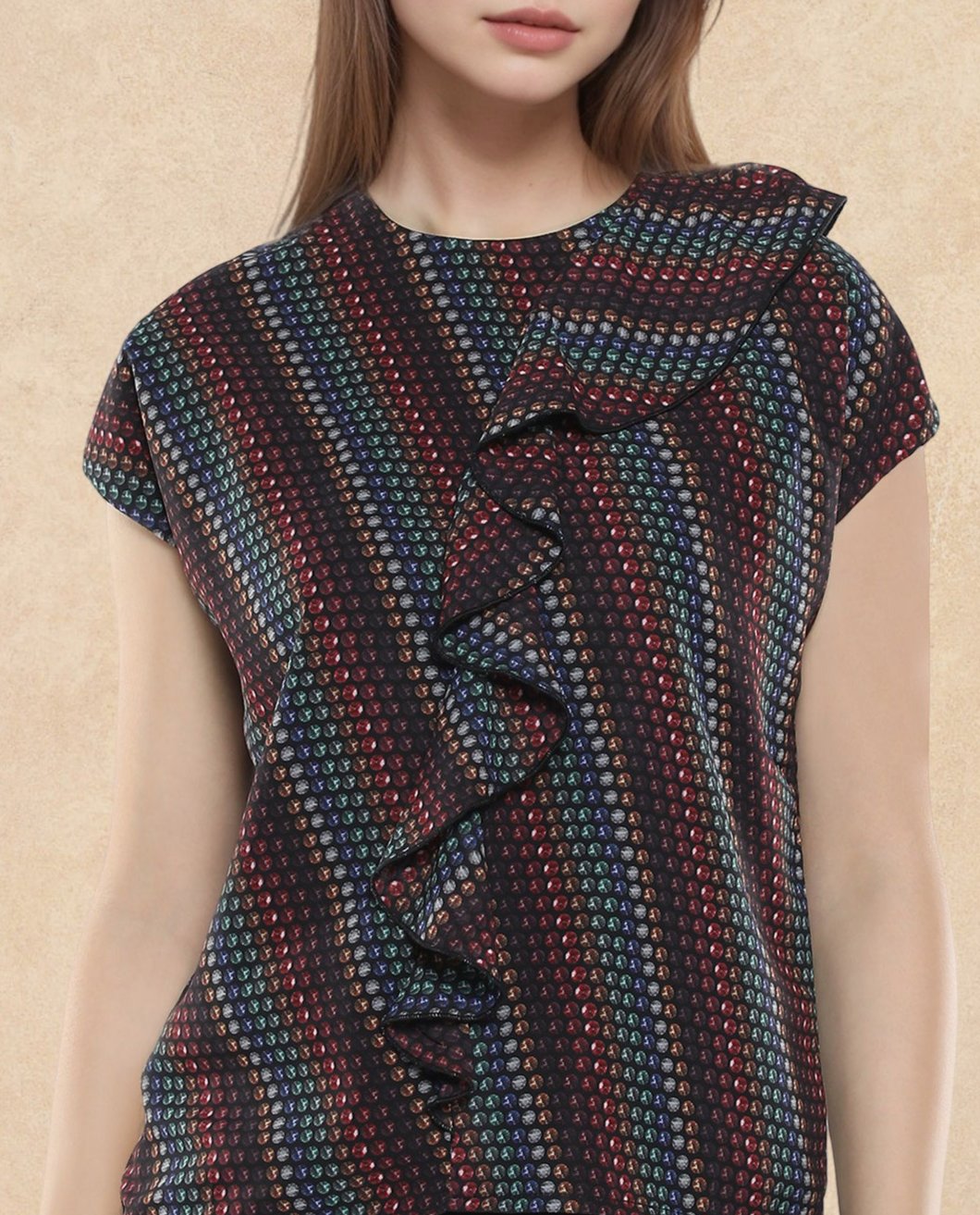 Rareism Women Gingan Dark Multi Extended Sleeves Round Neck Button Closure Geometric Print Top