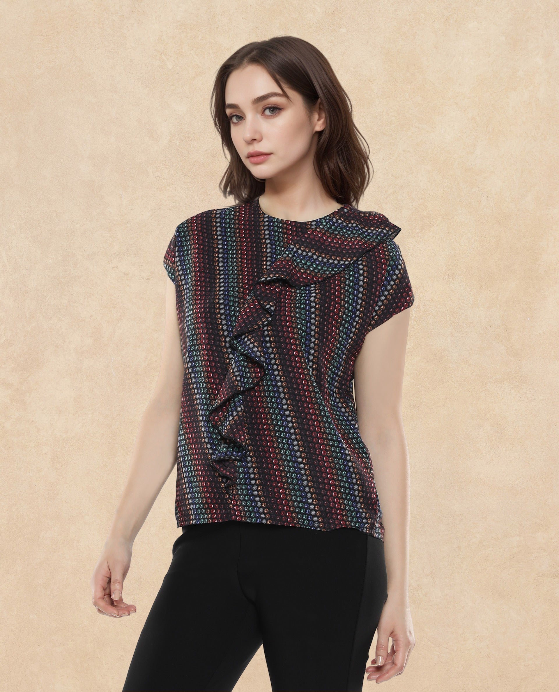 Rareism Women Gingan Dark Multi Extended Sleeves Round Neck Button Closure Geometric Print Top