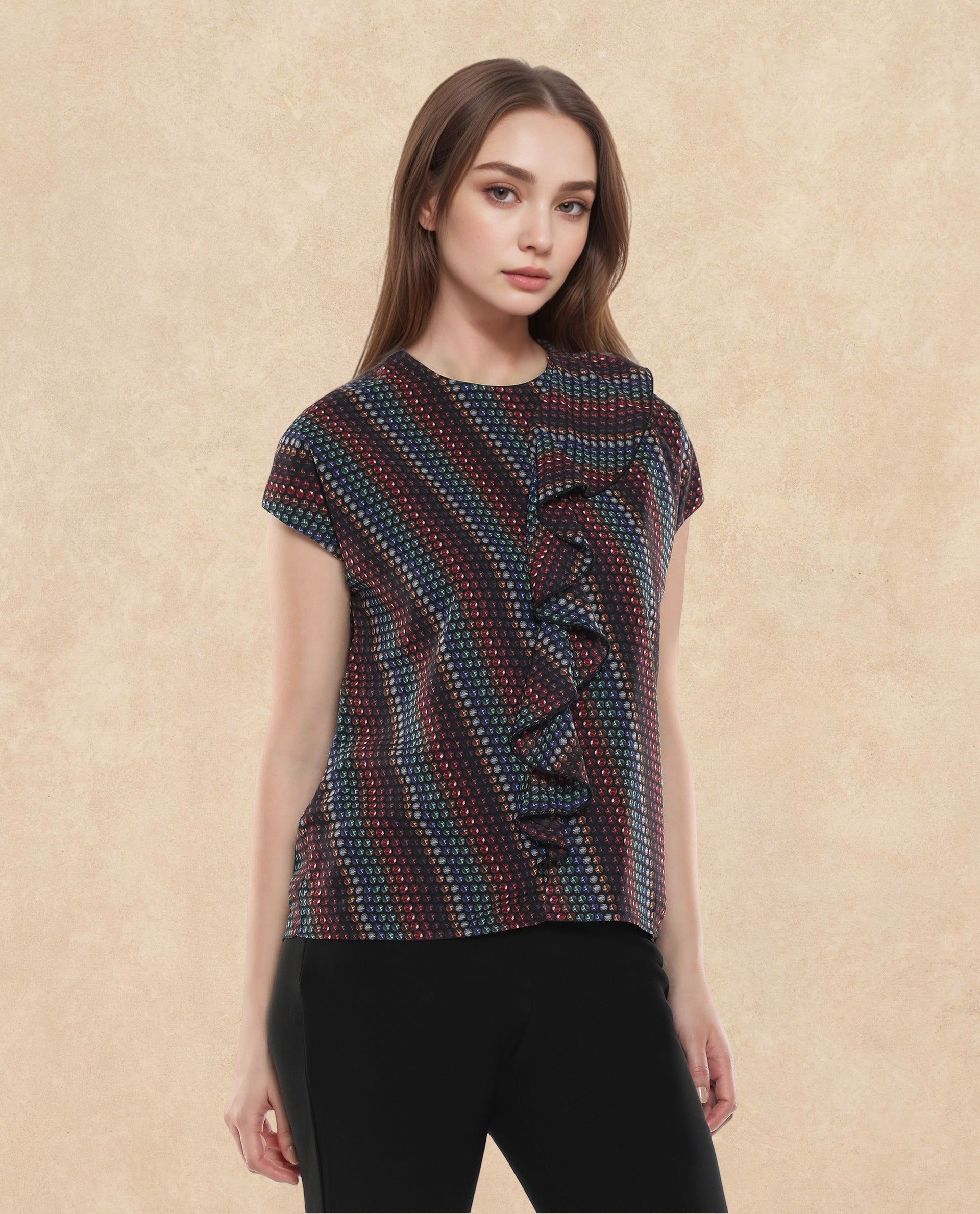 Rareism Women Gingan Dark Multi Extended Sleeves Round Neck Button Closure Geometric Print Top