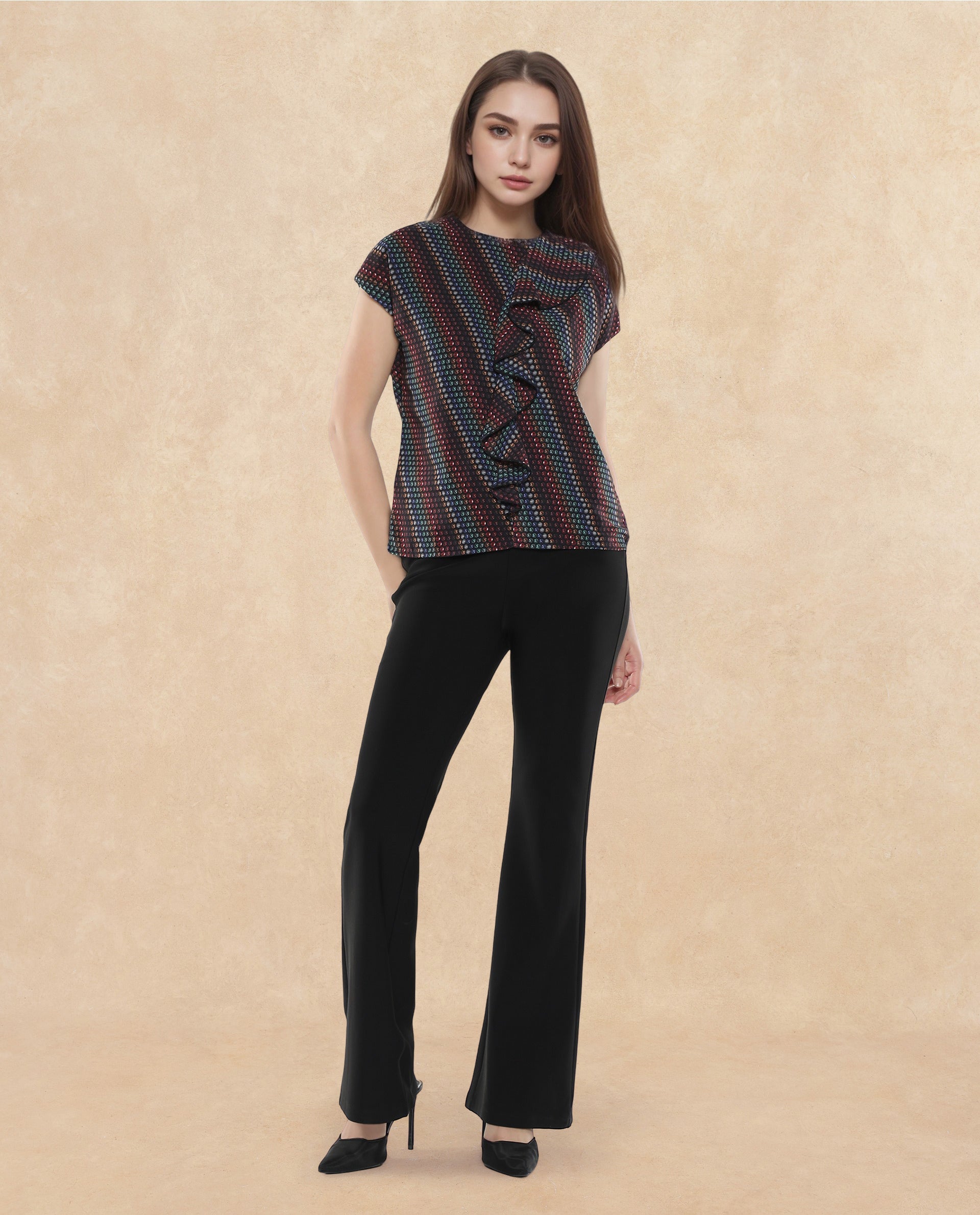 Rareism Women Gingan Dark Multi Extended Sleeves Round Neck Button Closure Geometric Print Top