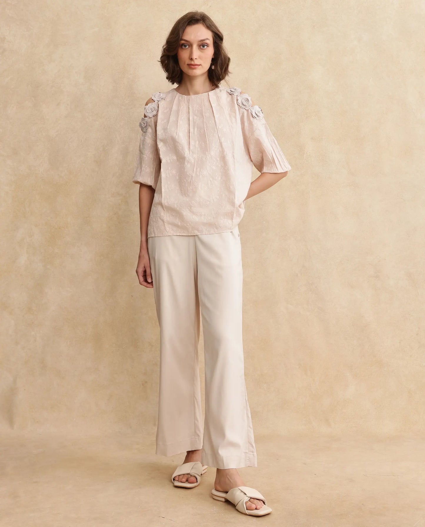 Rareism Women Gips Beige Balloon Sleeve Round Neck Hook Closure Relaxed Fit Plain Top