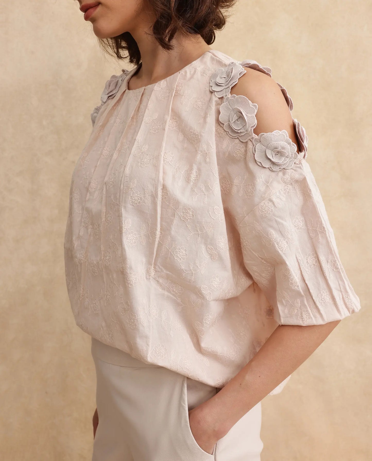Rareism Women Gips Beige Balloon Sleeve Round Neck Hook Closure Relaxed Fit Plain Top