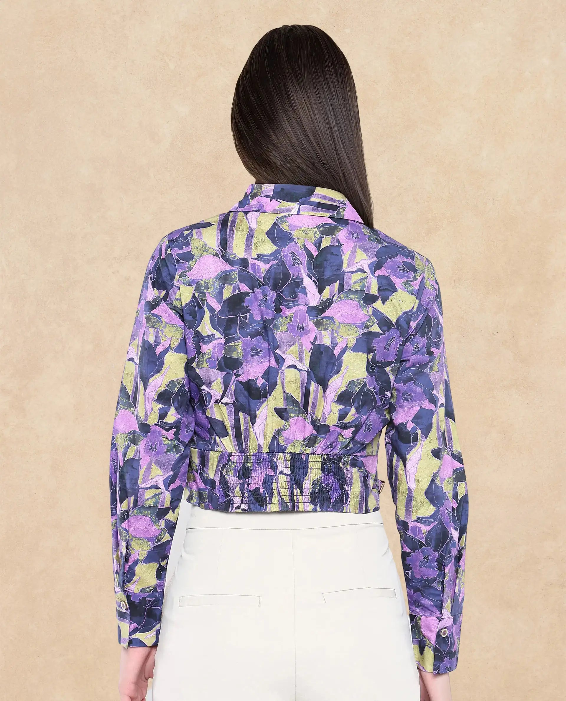 Rareism Women Gistero Multi Cuffed Sleeve Collared Neck Button Closure Cropped Printed Top