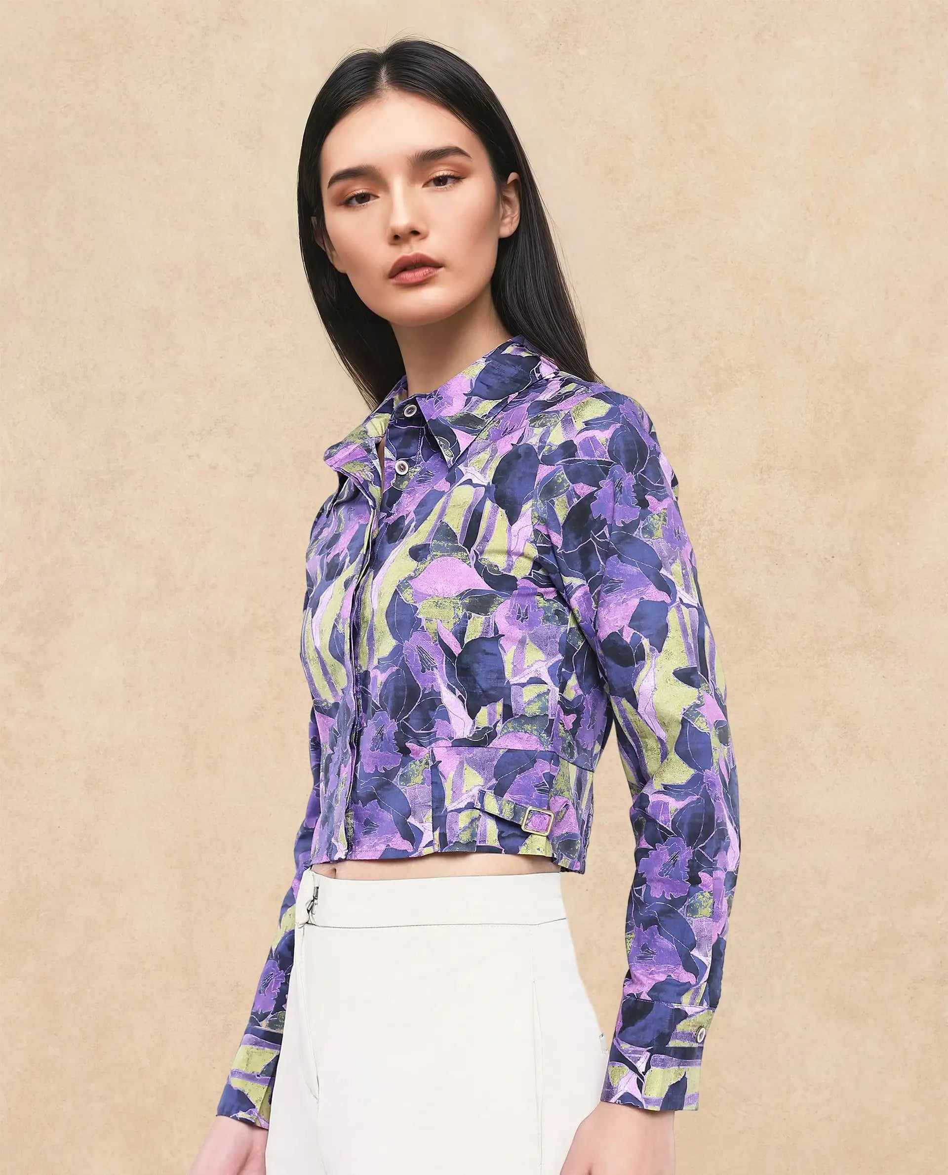 Rareism Women Gistero Multi Cuffed Sleeve Collared Neck Button Closure Cropped Printed Top