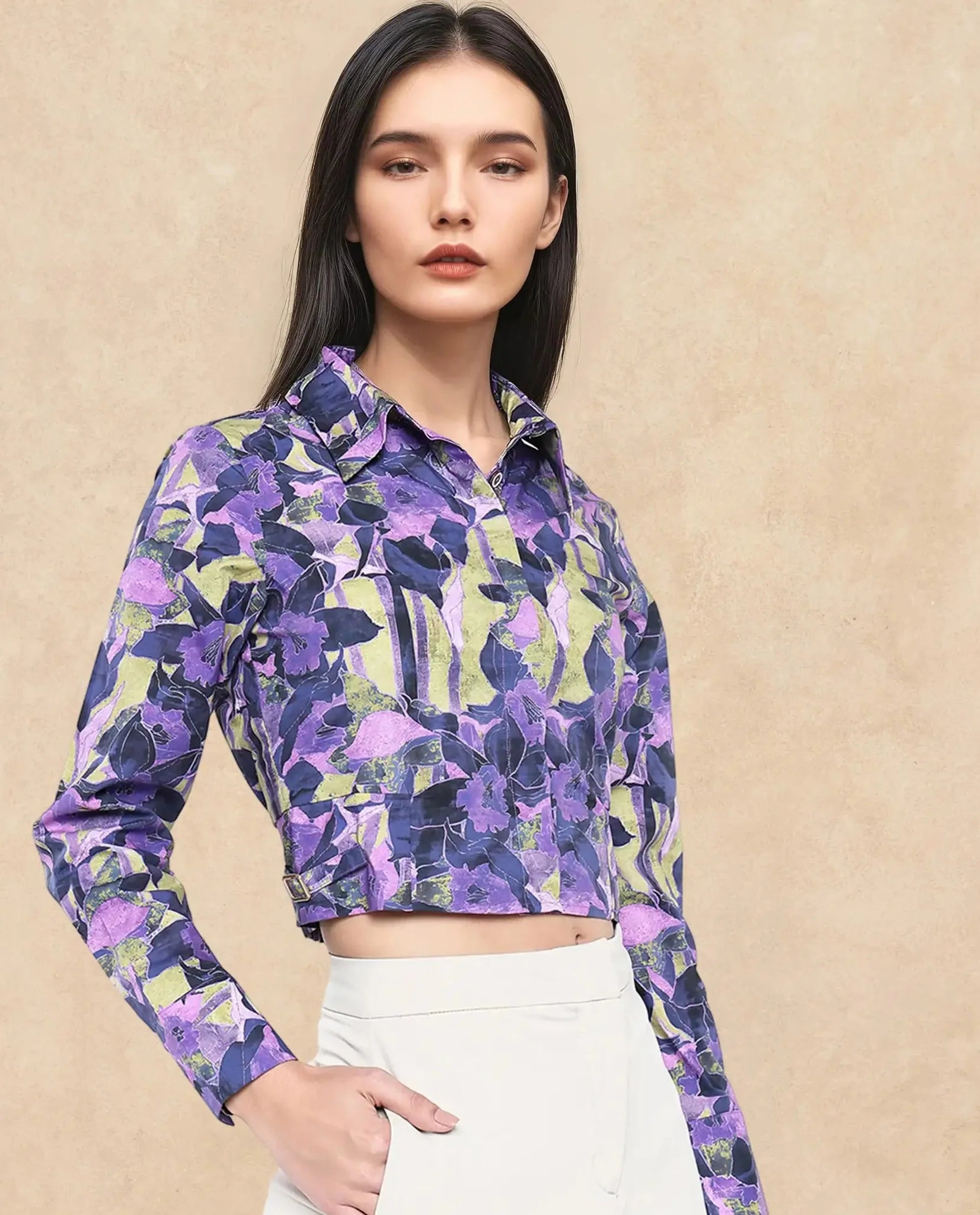 Rareism Women Gistero Multi Cuffed Sleeve Collared Neck Button Closure Cropped Printed Top