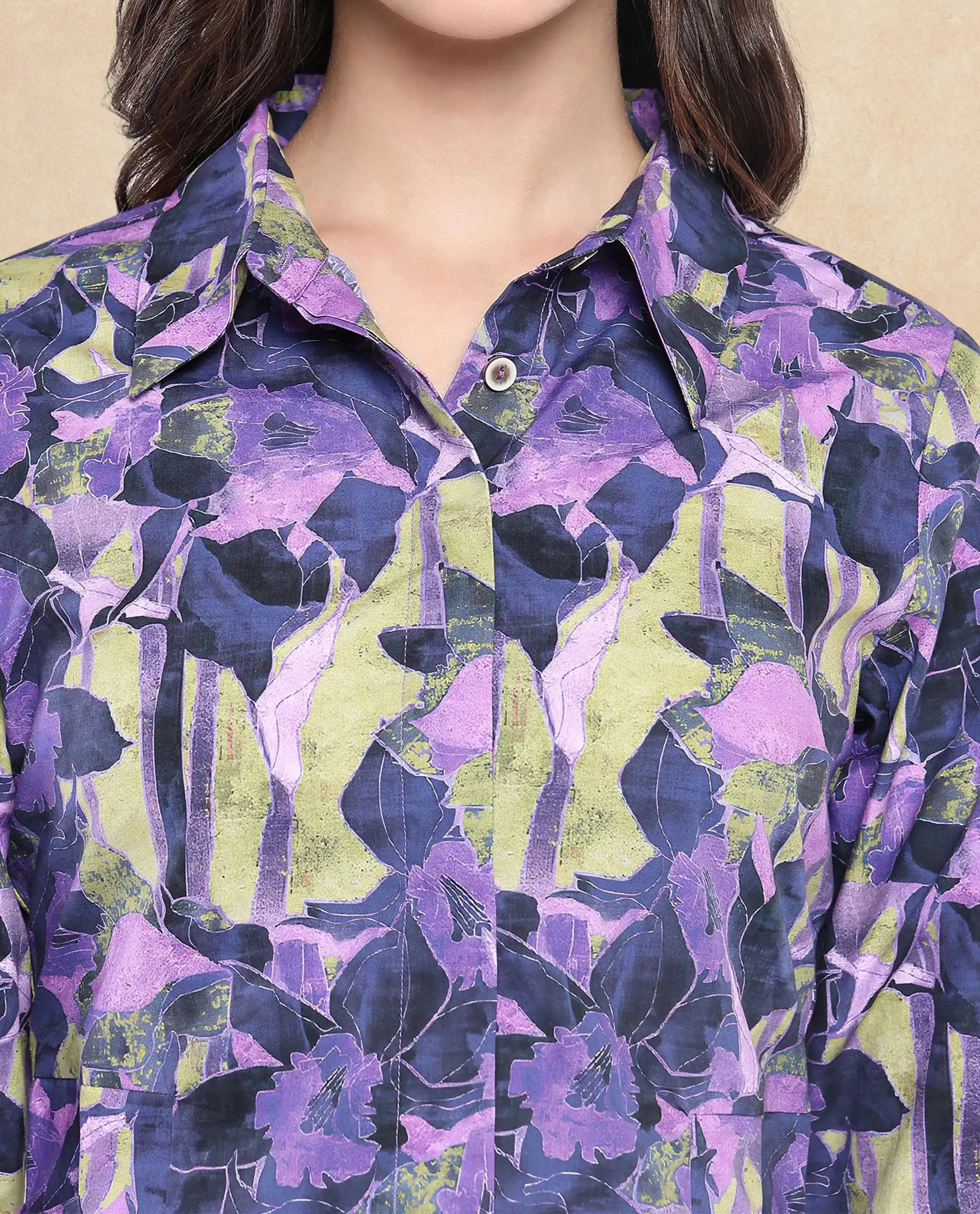 Rareism Women Gistero Multi Cuffed Sleeve Collared Neck Button Closure Cropped Printed Top