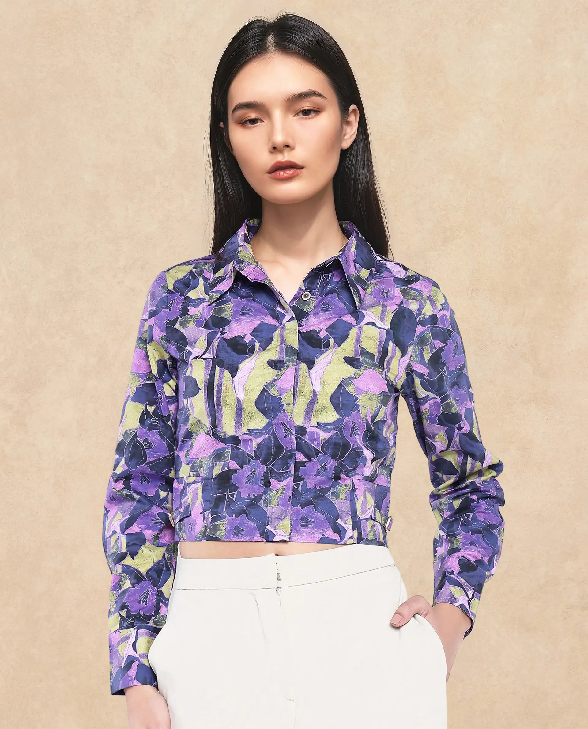 Rareism Women Gistero Multi Cuffed Sleeve Collared Neck Button Closure Cropped Printed Top