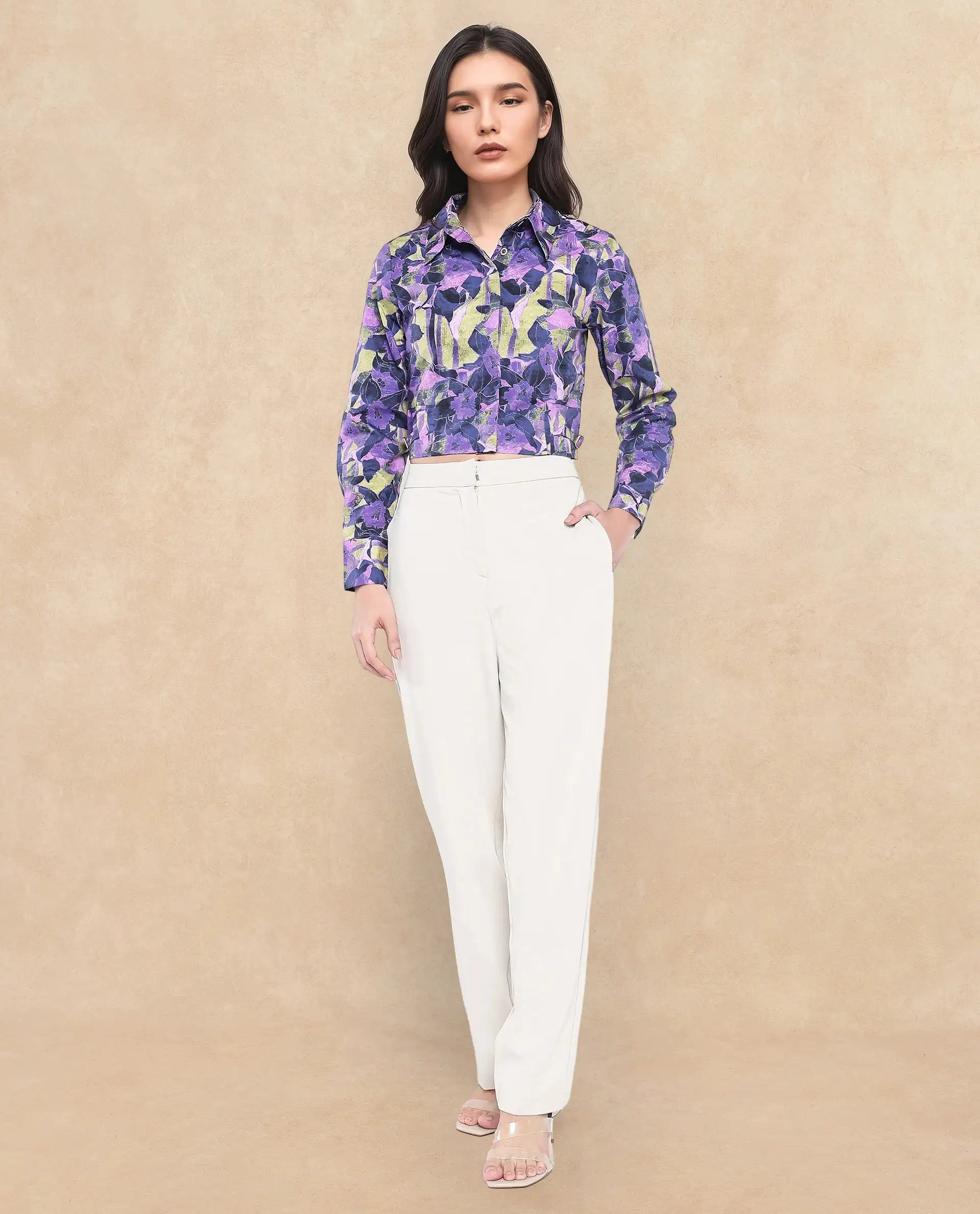 Rareism Women Gistero Multi Cuffed Sleeve Collared Neck Button Closure Cropped Printed Top